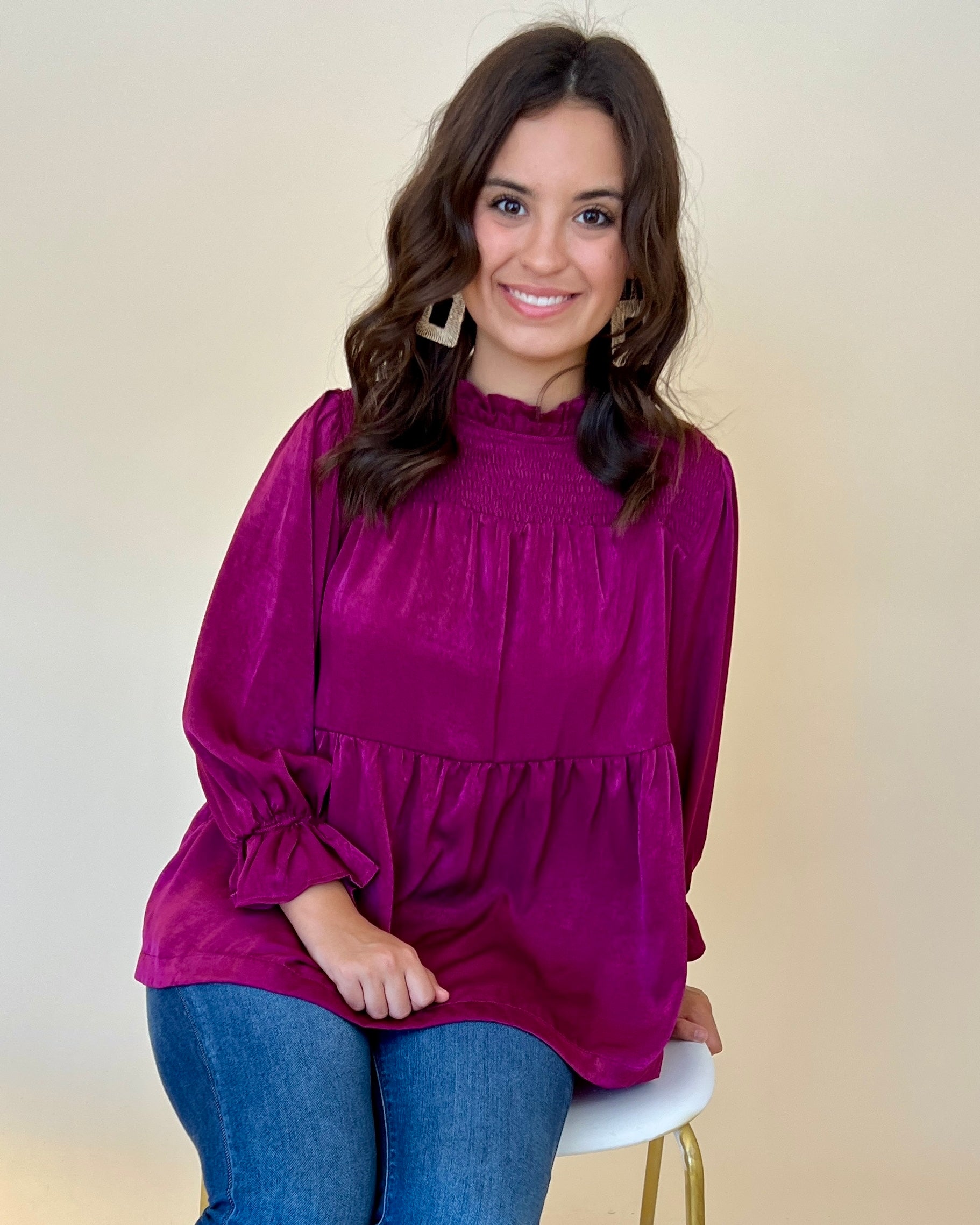 With Me Plum Satin Smocked Top-Shop-Womens-Boutique-Clothing