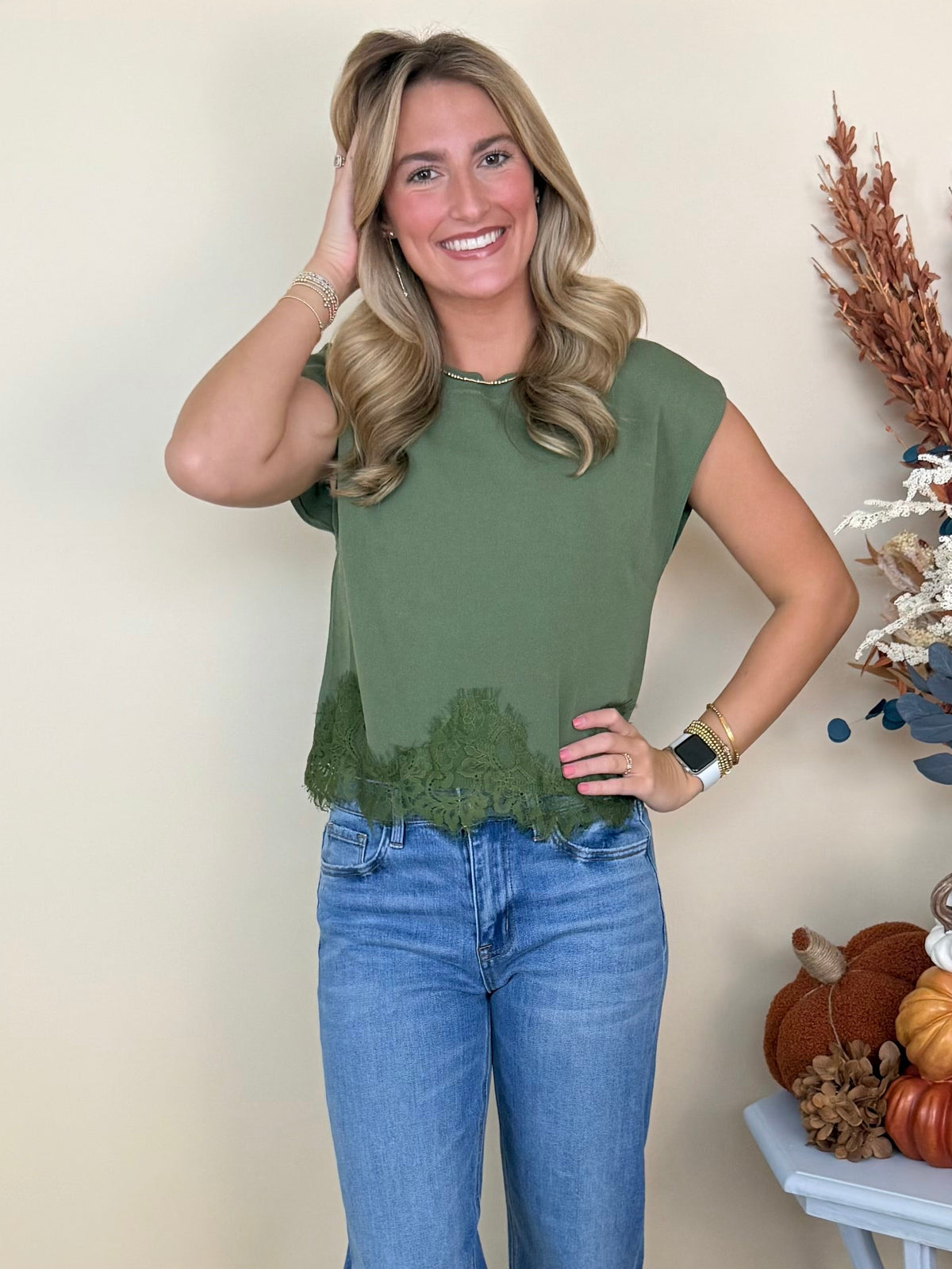 Boho Bliss Olive Lace Trim Sleeveless Sweater-Shop-Womens-Boutique-Clothing