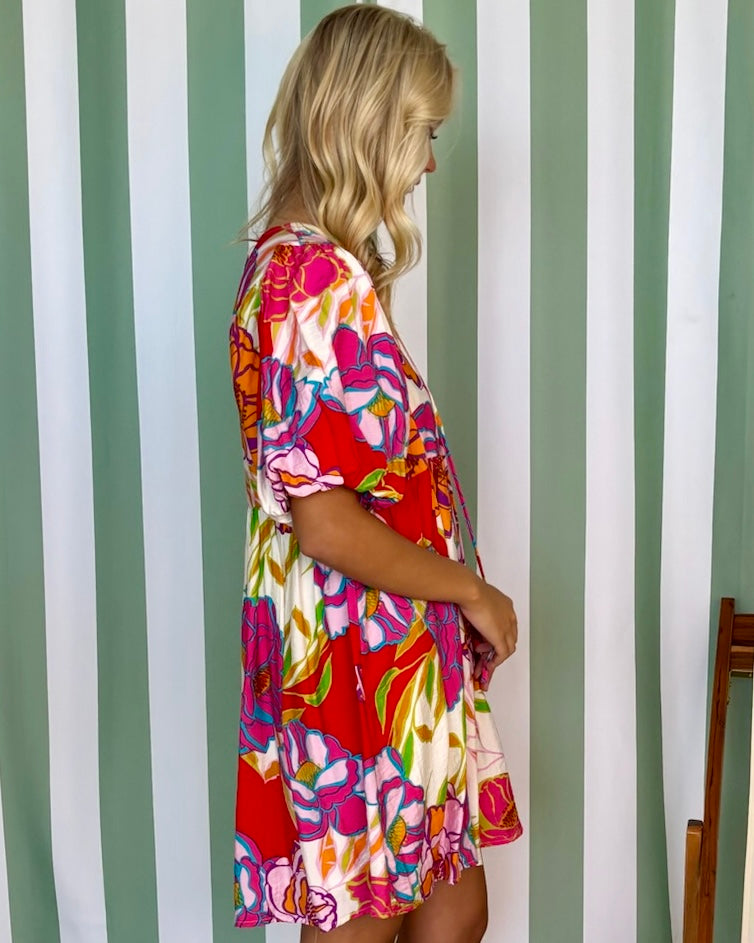 Radiant Garden Red/Off White Print Babydoll Dress-Shop-Womens-Boutique-Clothing
