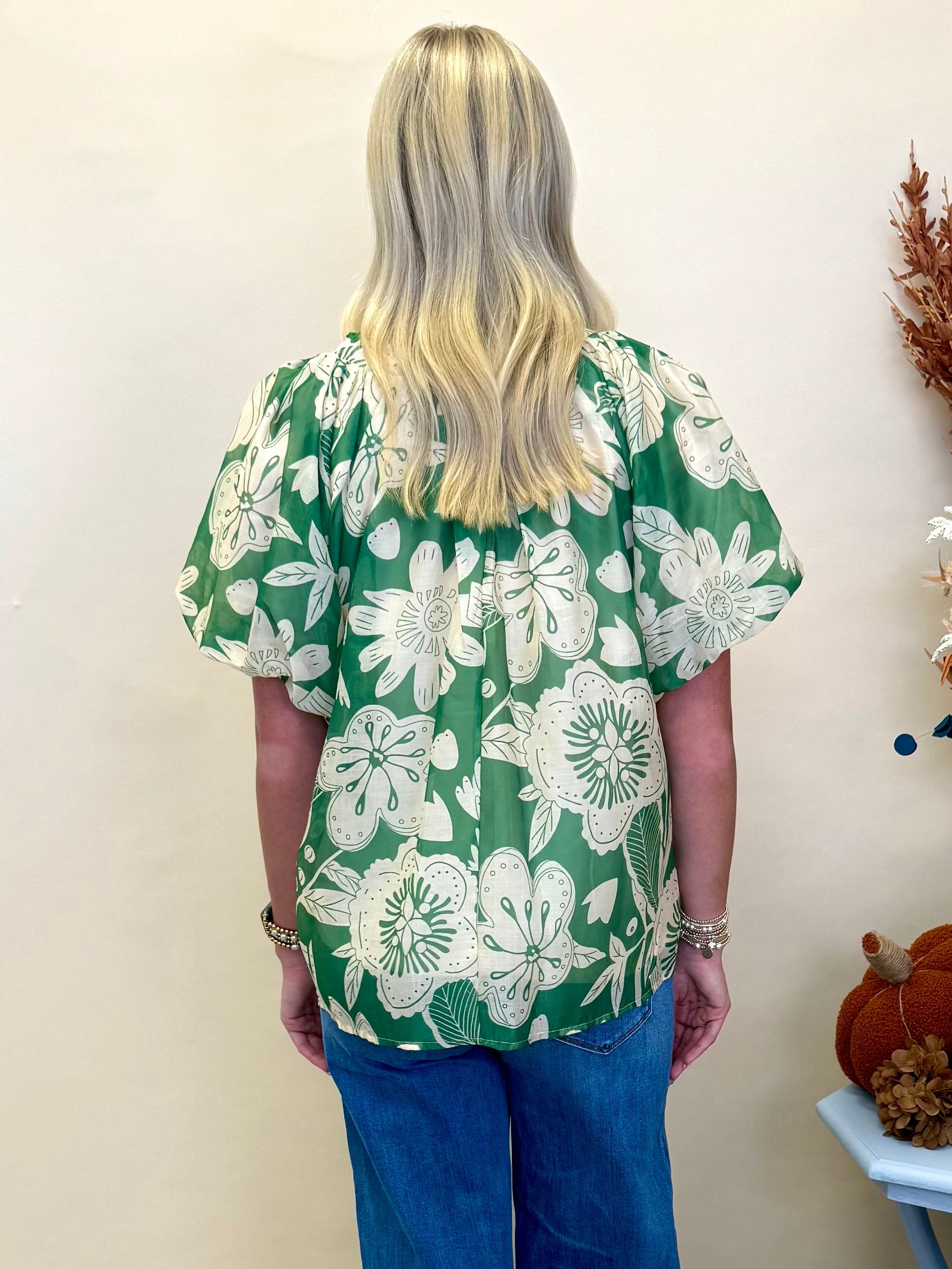 So Freeing Green Floral Contrast Detail Top-Shop-Womens-Boutique-Clothing