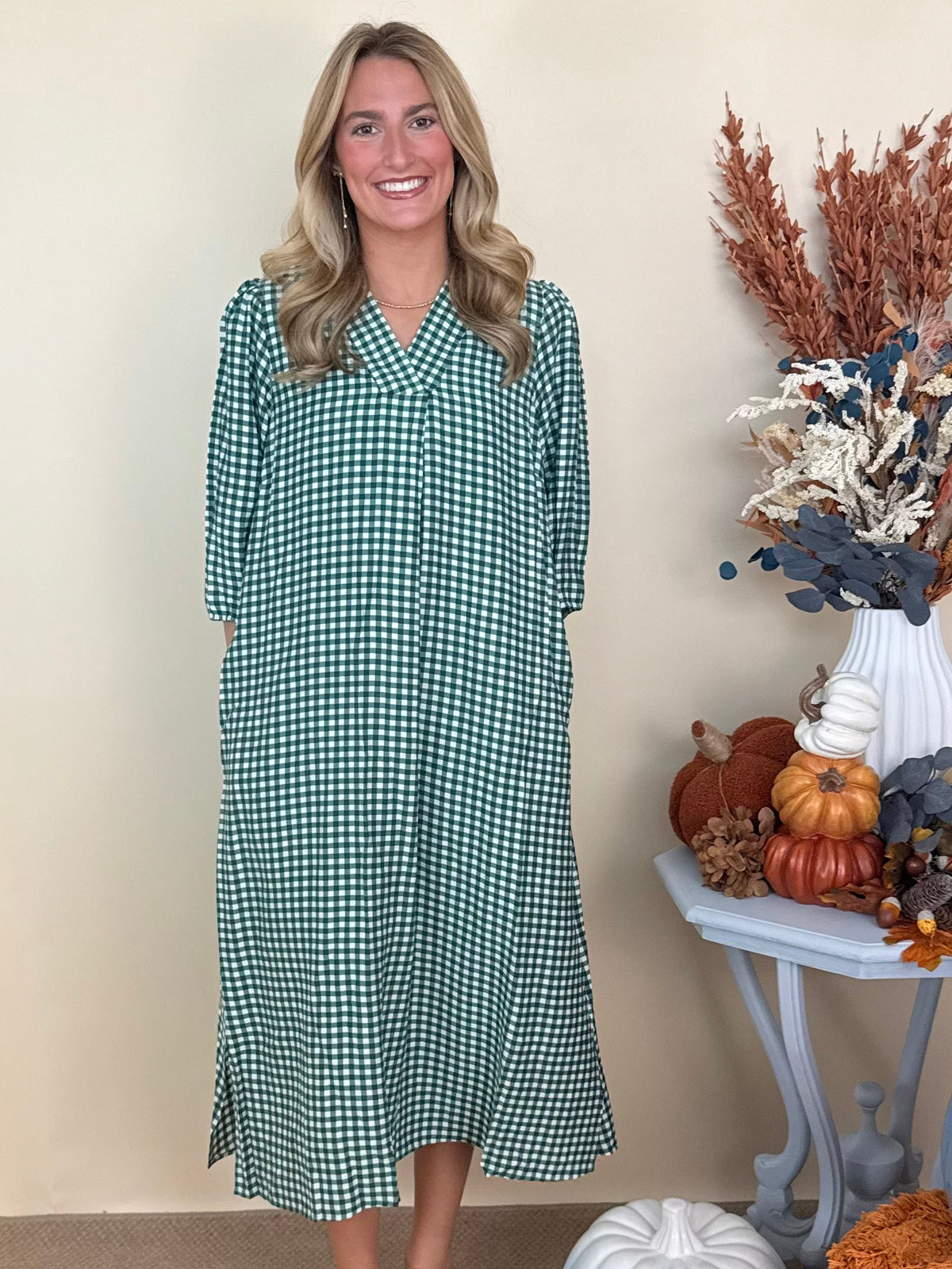 Bookclub Chic Hunter Green Checkered Collared Midi Dress-Shop-Womens-Boutique-Clothing