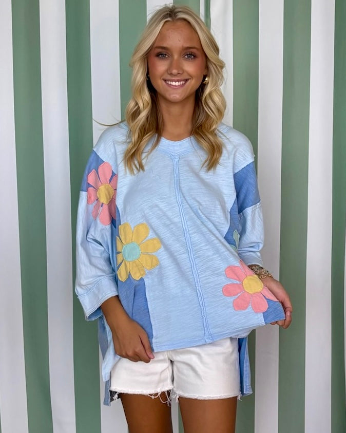 In Time Sky Blue Oversized Flower Top-Shop-Womens-Boutique-Clothing