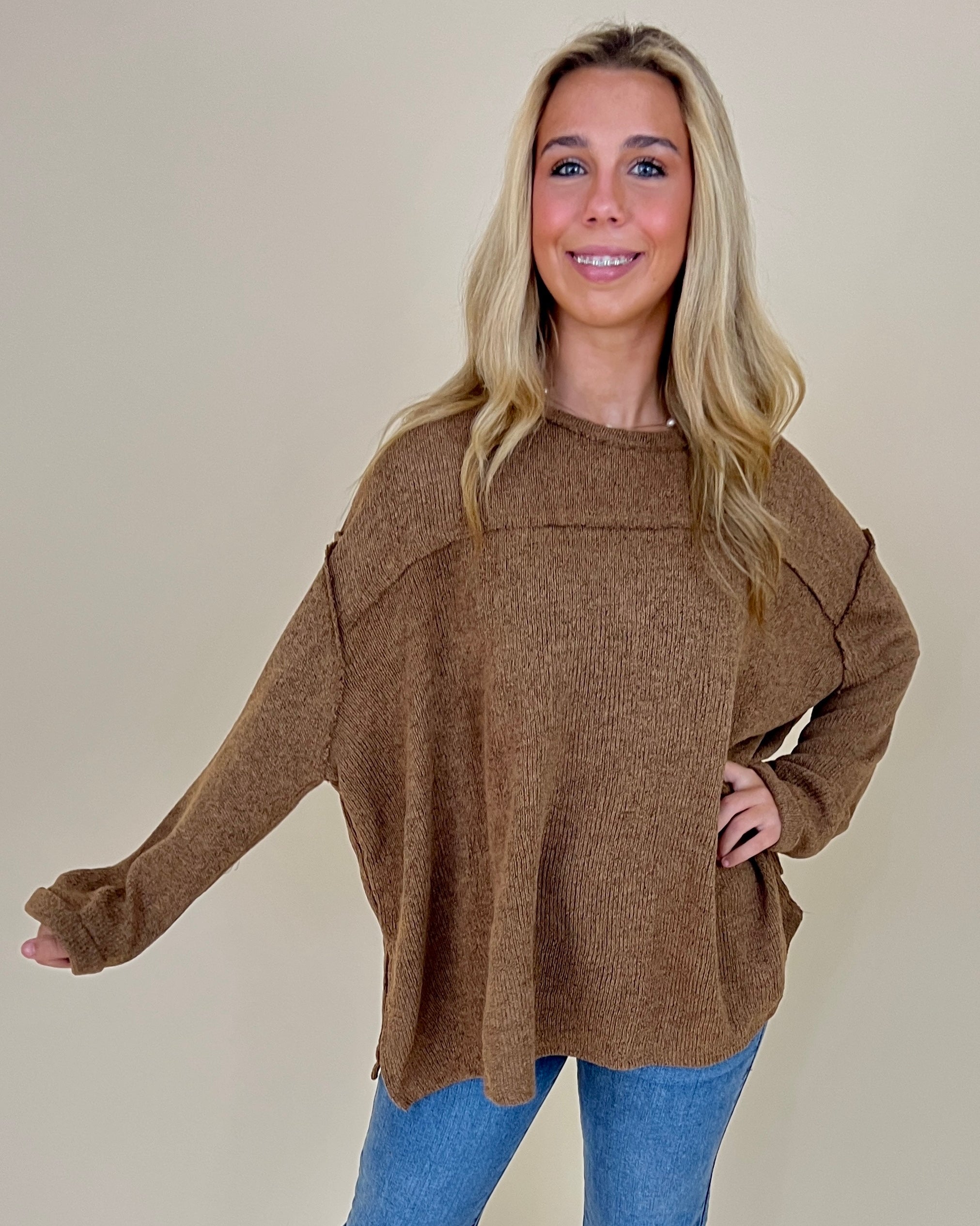 Call Me Later Ochre Knit Boxy Raw Edge Top-Shop-Womens-Boutique-Clothing