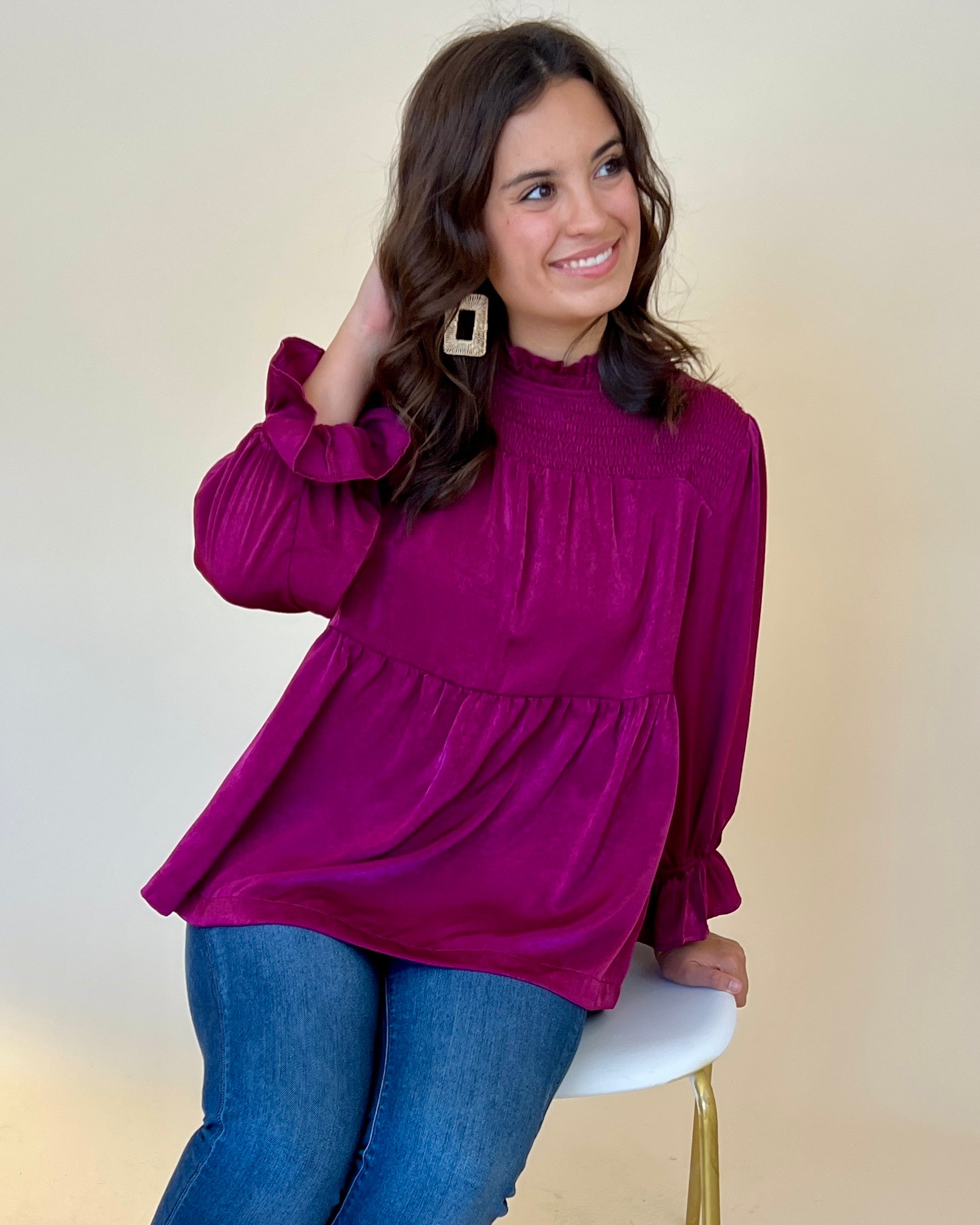With Me Plum Satin Smocked Top-Shop-Womens-Boutique-Clothing