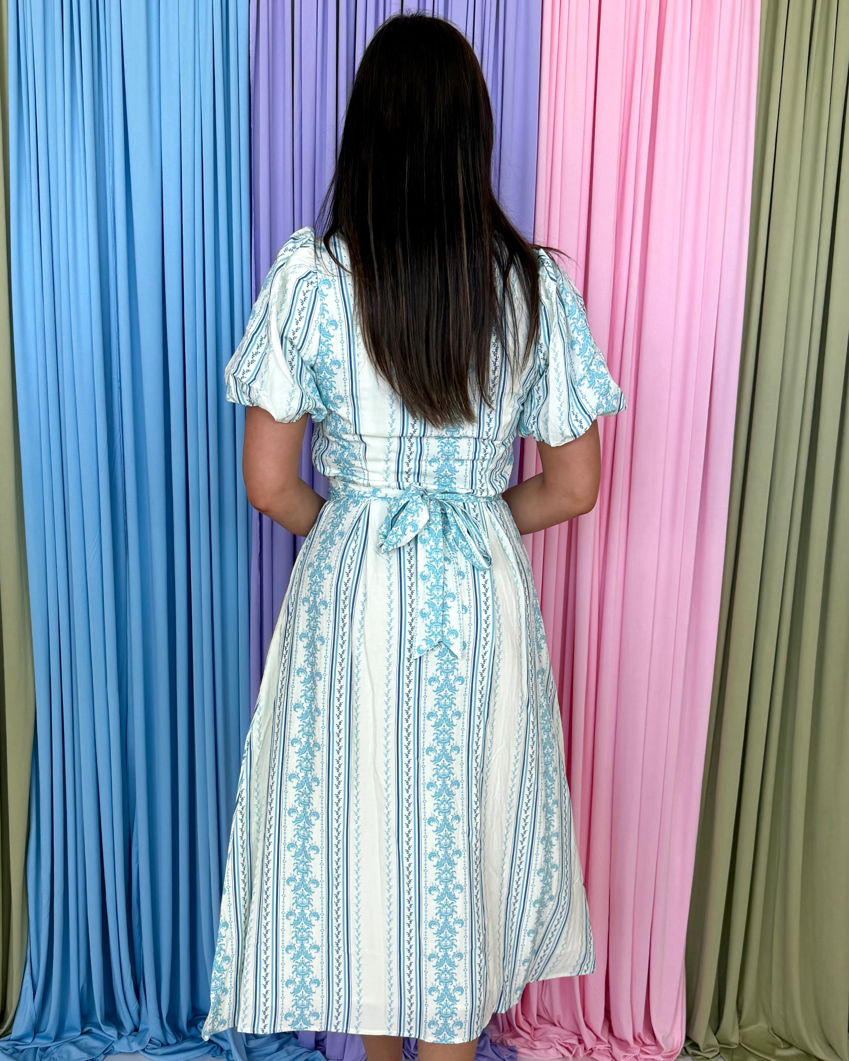 Darling Avenue Blue Striped Puff Sleeve Midi Dress-Shop-Womens-Boutique-Clothing