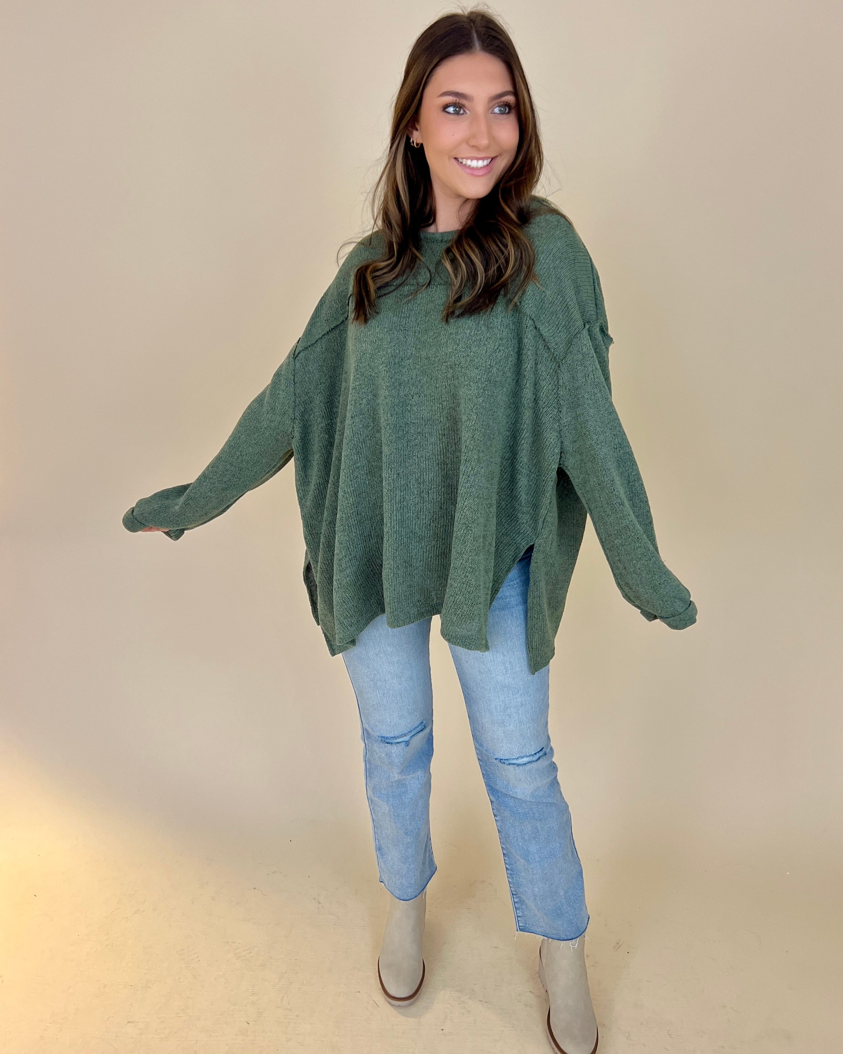 Call Me Later Sage Knit Boxy Raw Edge Top-Shop-Womens-Boutique-Clothing