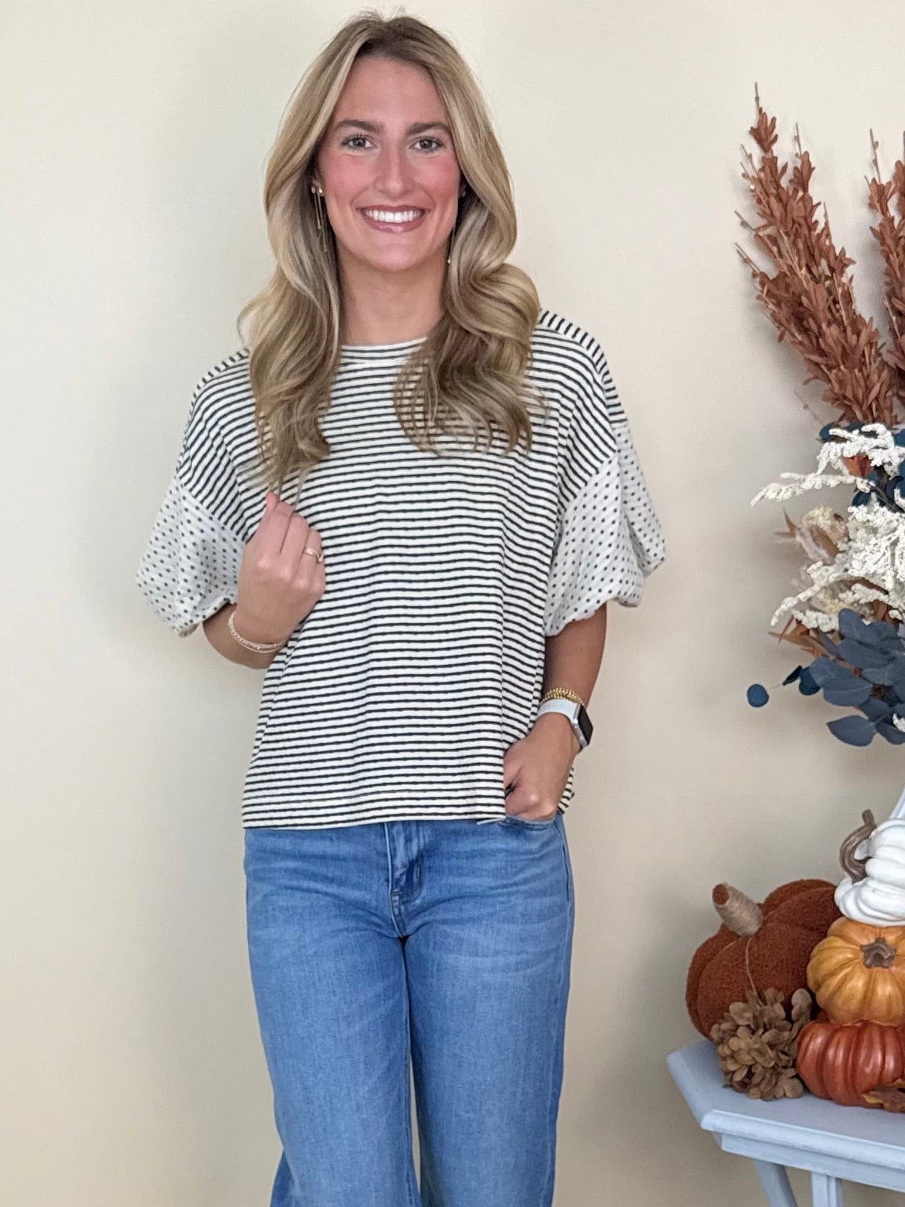 Reach Out Cream/Black Stripe/Polka Dot Bubble Sleeve Top-Shop-Womens-Boutique-Clothing