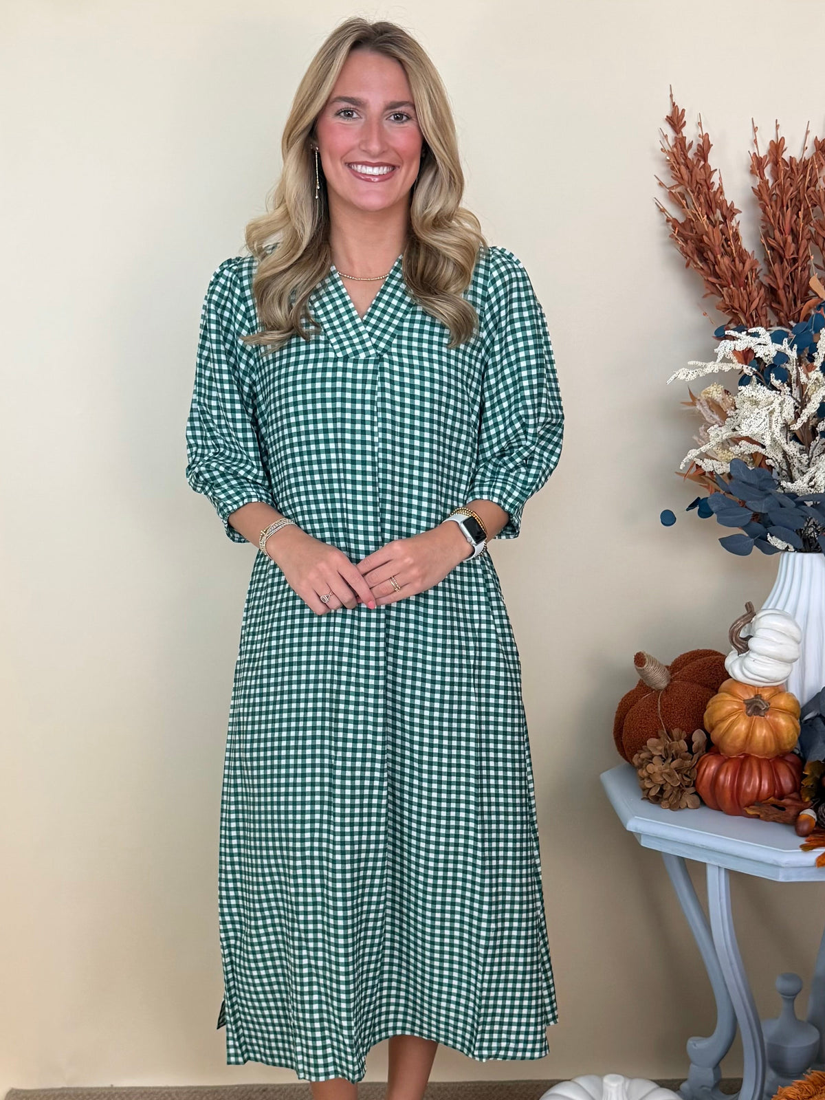 Bookclub Chic Hunter Green Checkered Collared Midi Dress-Shop-Womens-Boutique-Clothing