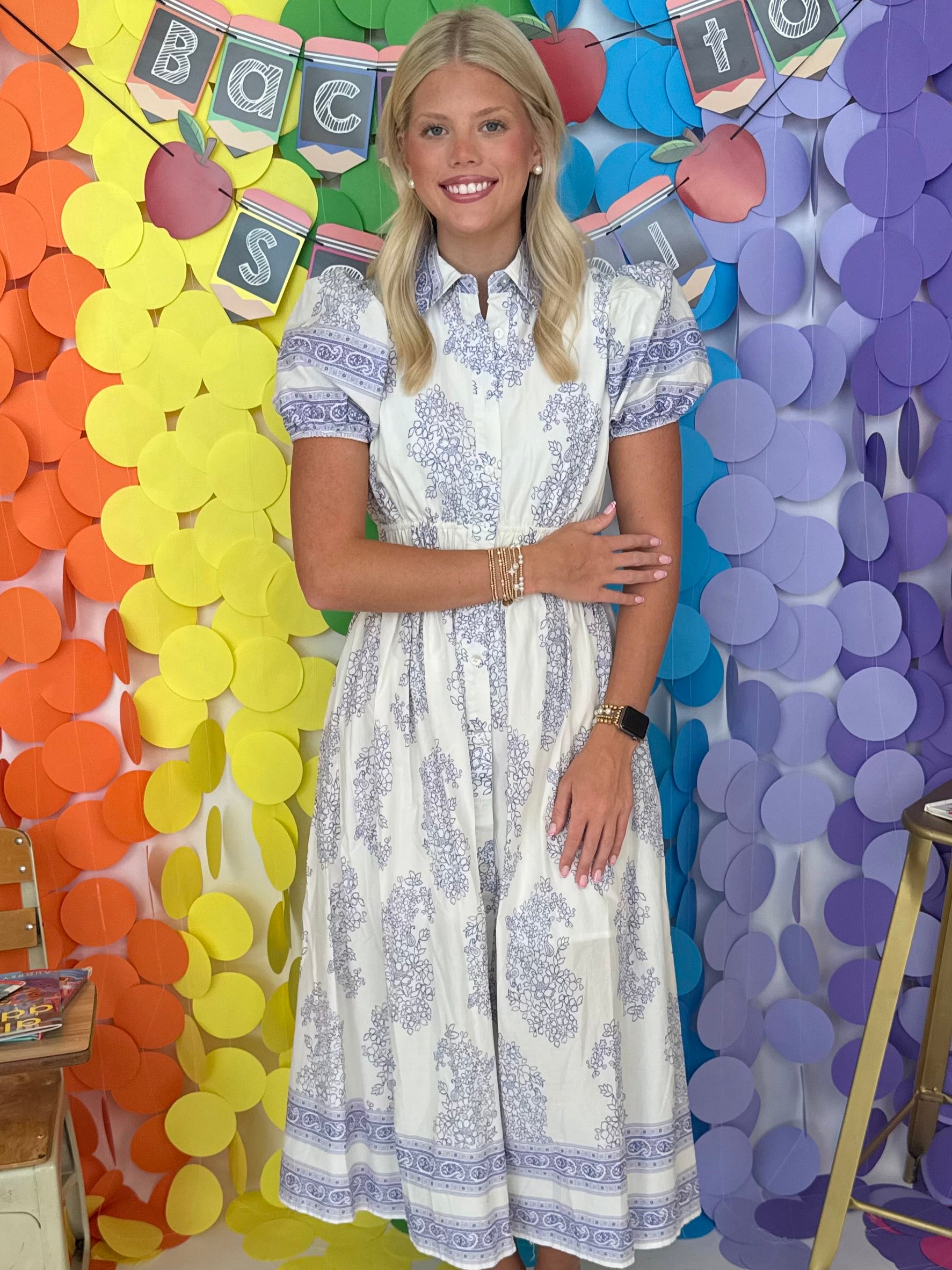 Sweetest Occasion Blue Botanical Puff Sleeve Midi Dress-Shop-Womens-Boutique-Clothing