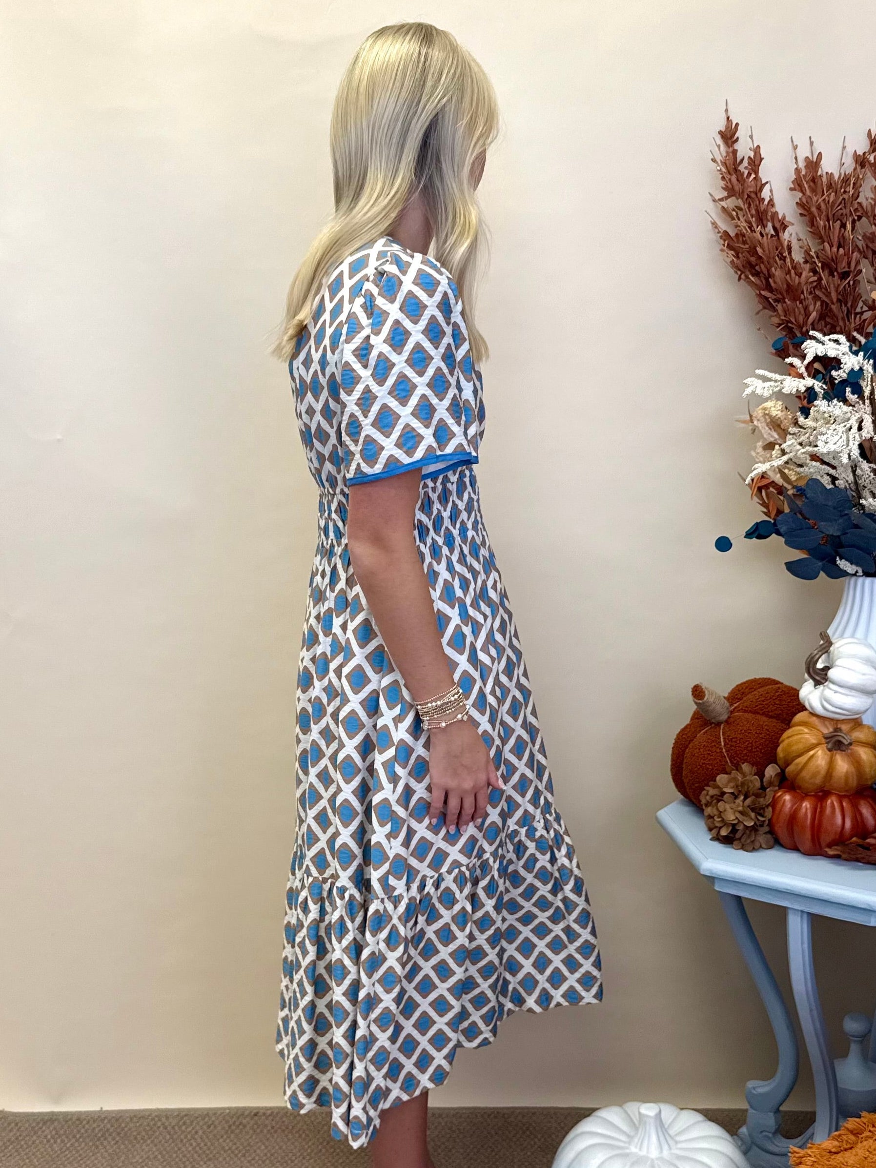 Softly Styled Taupe/Blue Geometric Midi Dress-Shop-Womens-Boutique-Clothing
