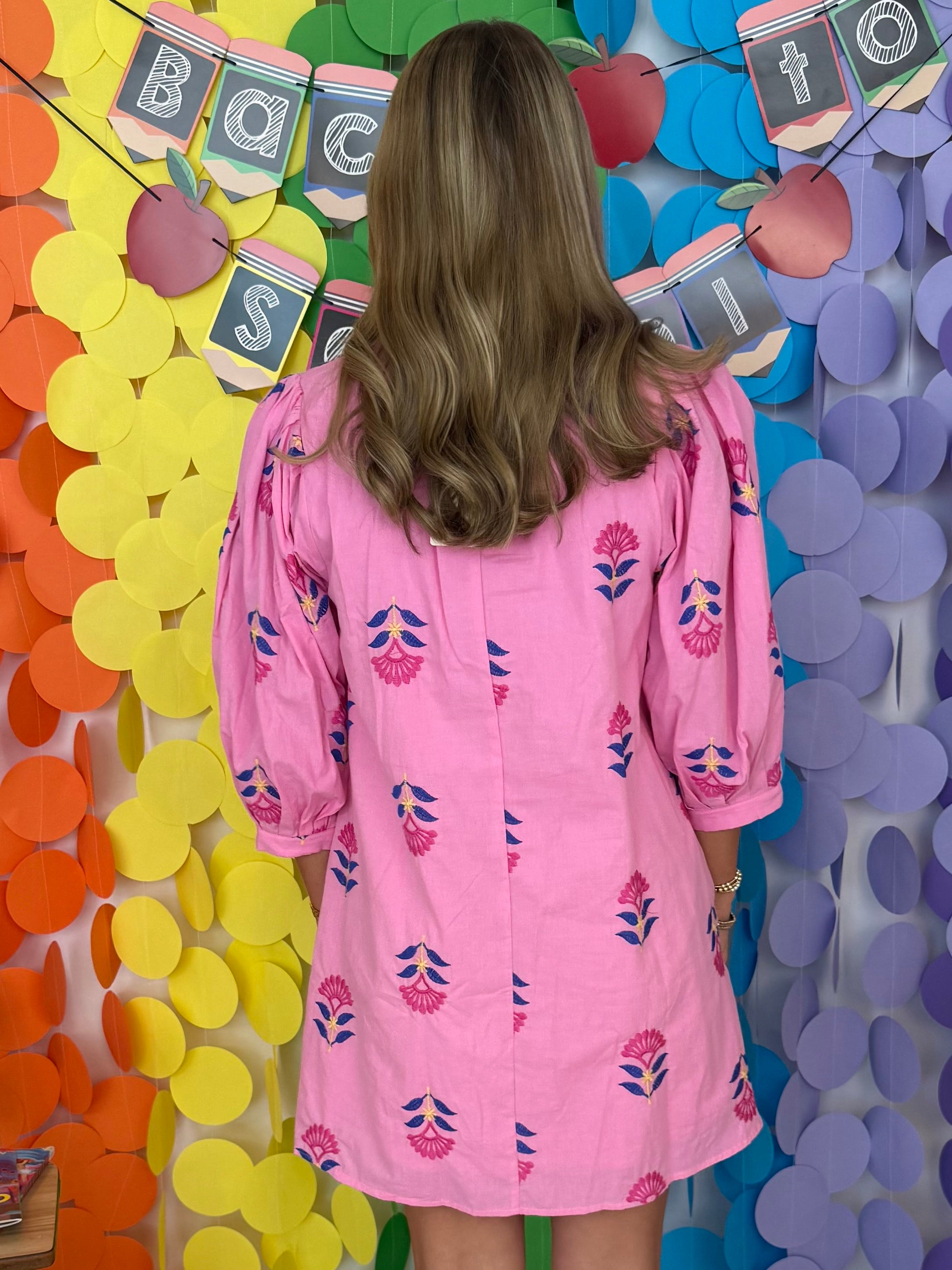 Soft Reset Pink Embroidered 3/4 Sleeve Dress-Shop-Womens-Boutique-Clothing