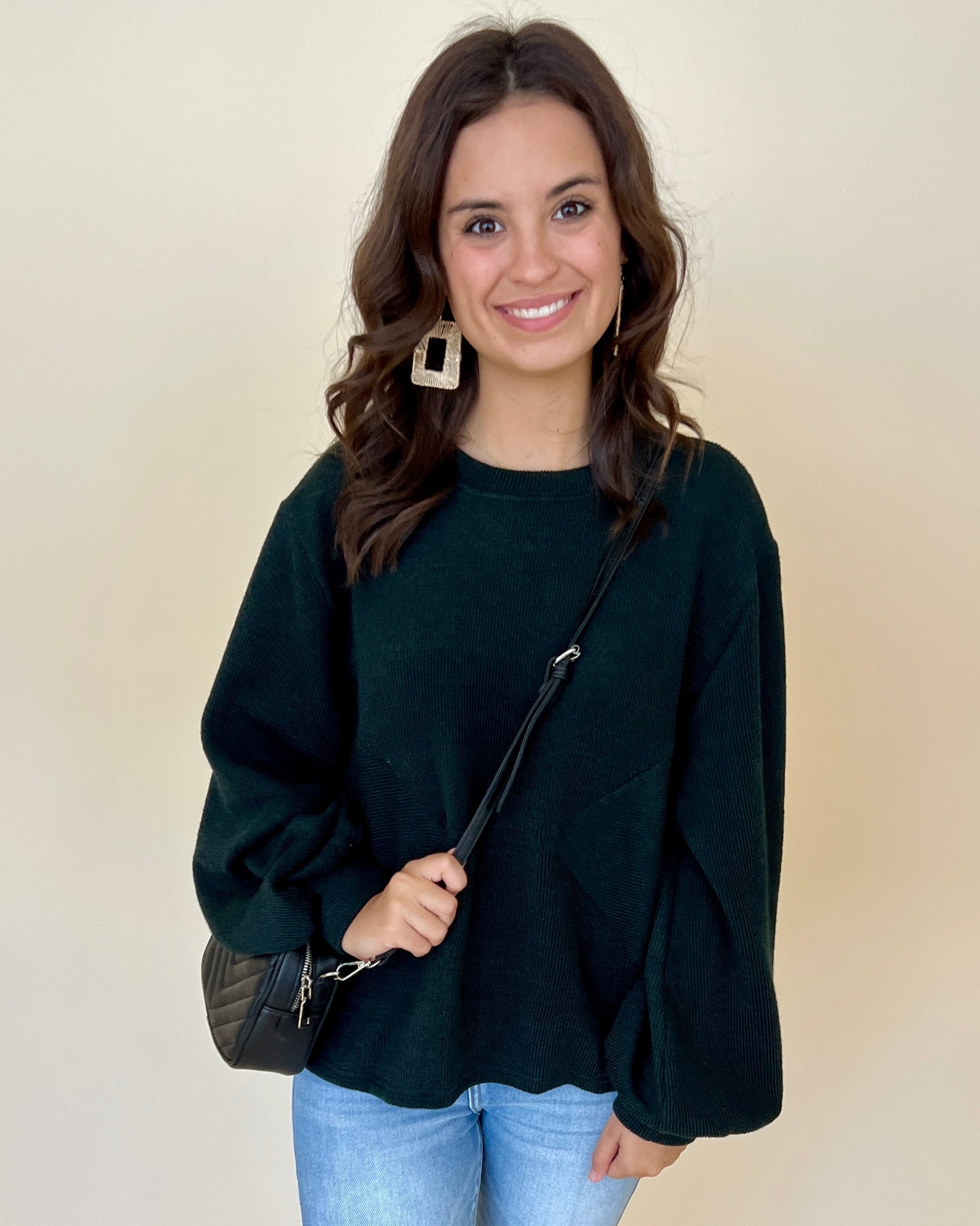 Good With It Dark Green Balloon Sleeve Top-Shop-Womens-Boutique-Clothing