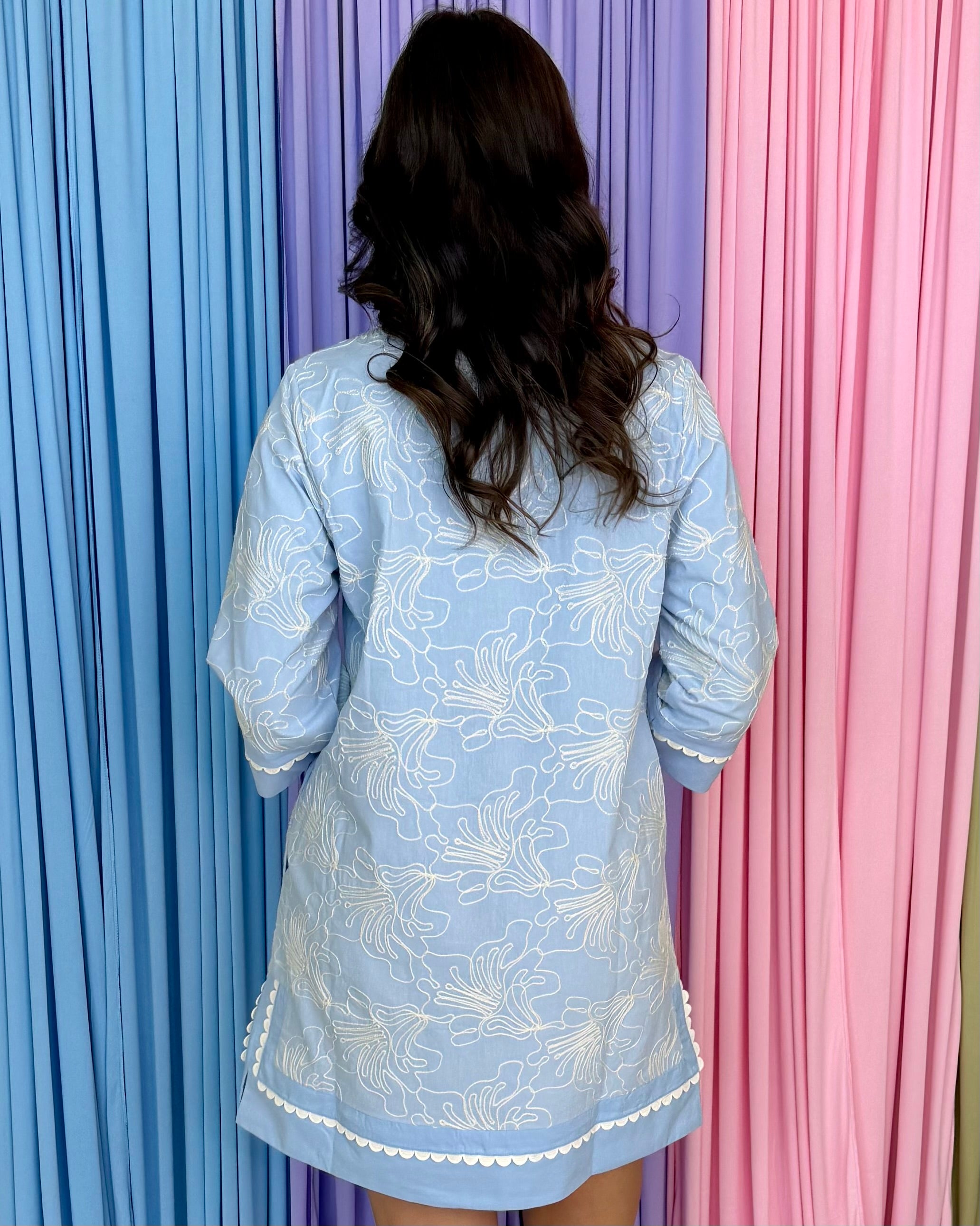 Fading Sunset Blue Embroidered Scallop Dress-Shop-Womens-Boutique-Clothing