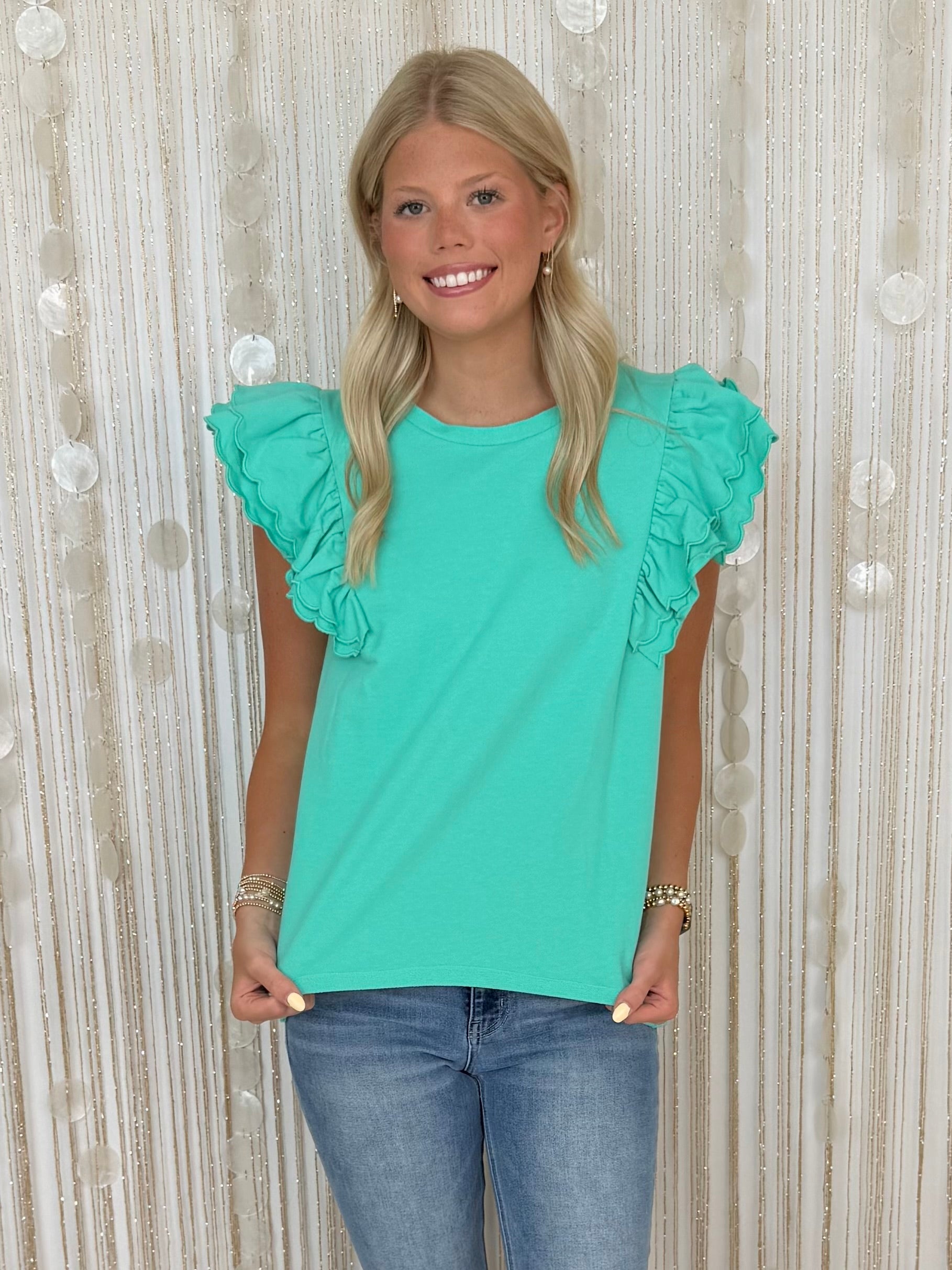 Casual Staple Emerald French Terry Ruffle Sleeve Top-Shop-Womens-Boutique-Clothing