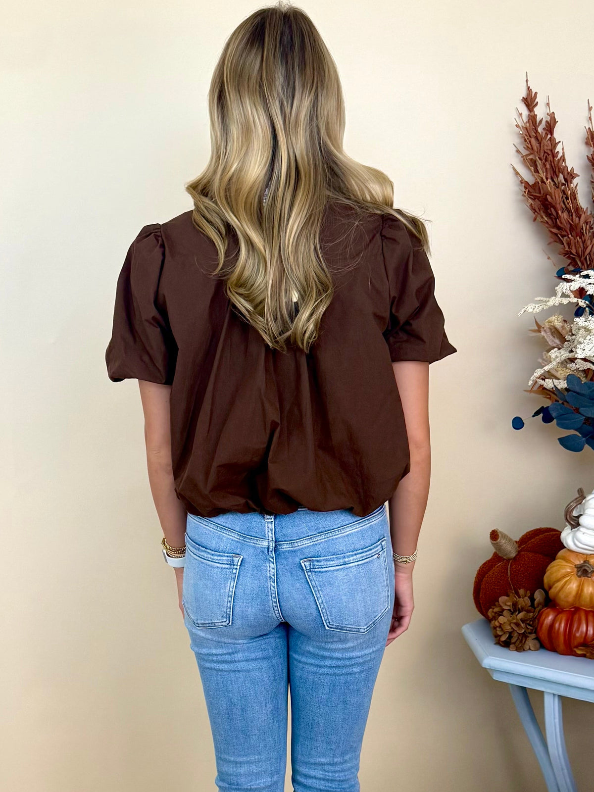 Golden Gathering Brown Bubble Hem Top-Shop-Womens-Boutique-Clothing