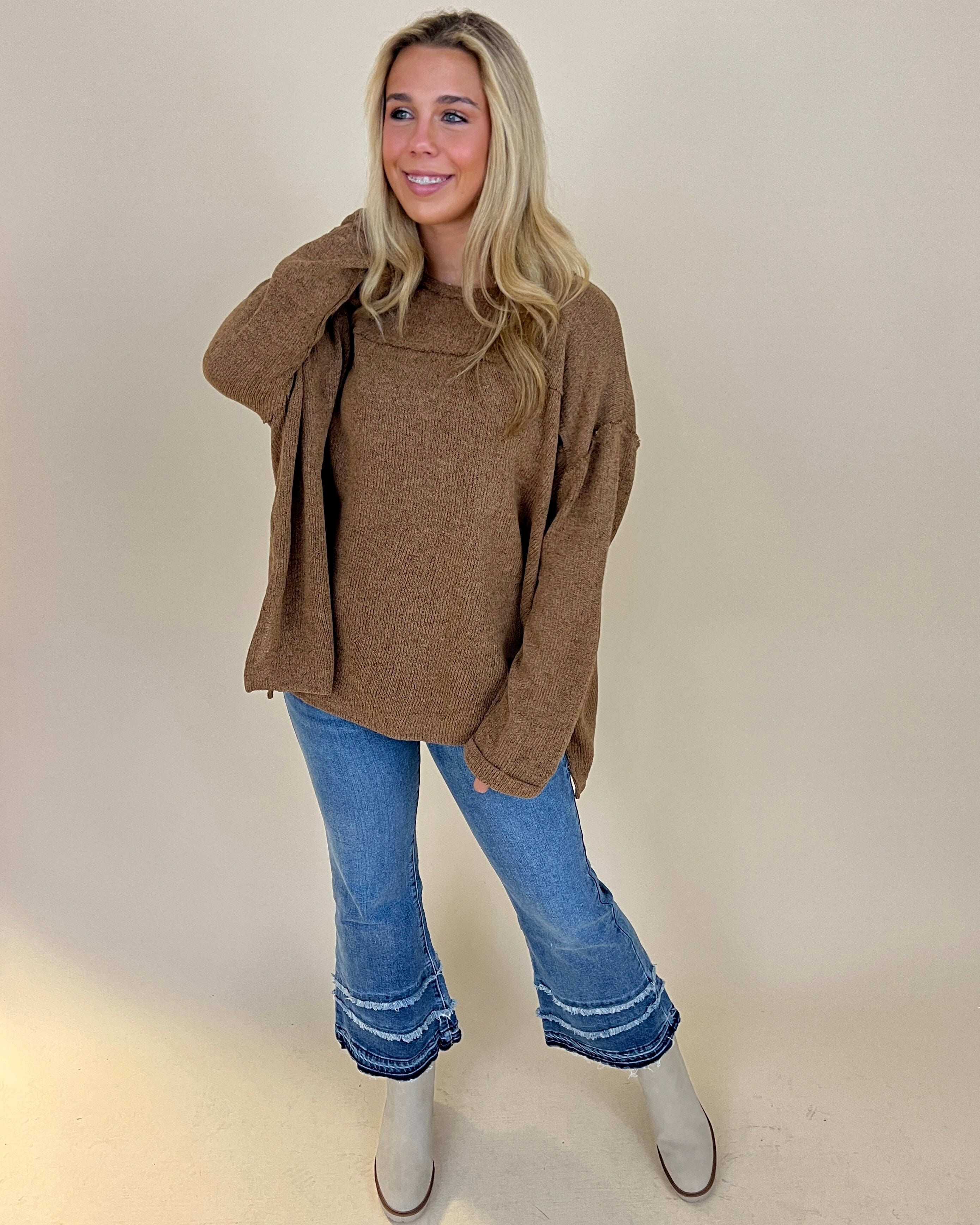 Call Me Later Ochre Knit Boxy Raw Edge Top-Shop-Womens-Boutique-Clothing
