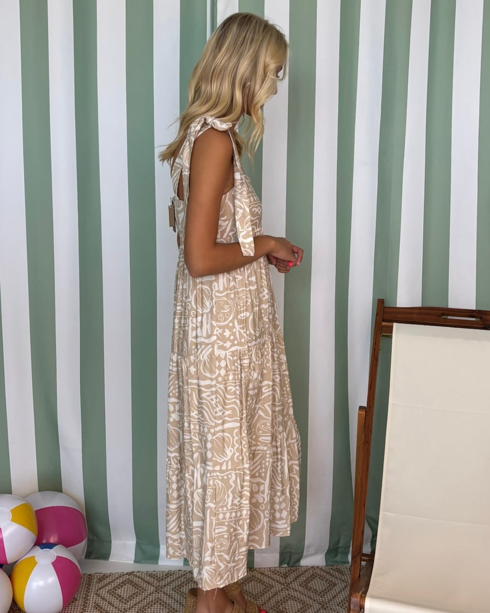 Sunny Days Khaki Sea Print Tie Midi Dress-Shop-Womens-Boutique-Clothing
