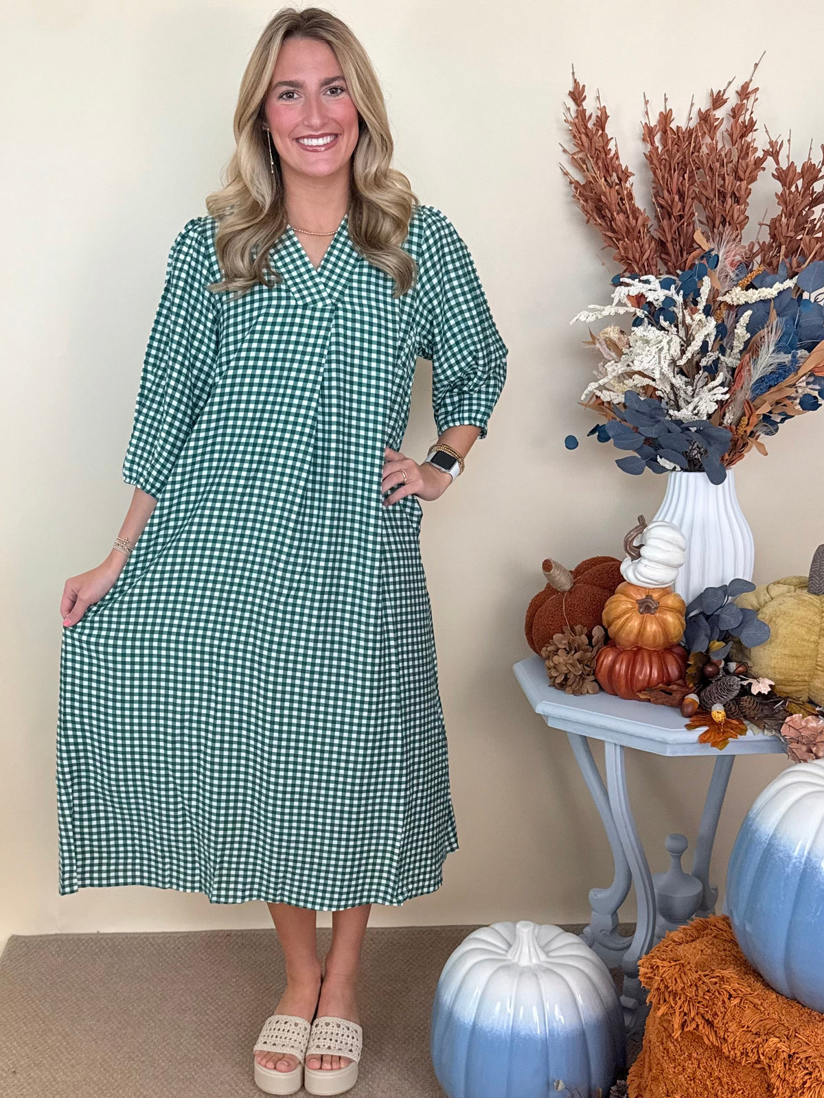 Bookclub Chic Hunter Green Checkered Collared Midi Dress-Shop-Womens-Boutique-Clothing