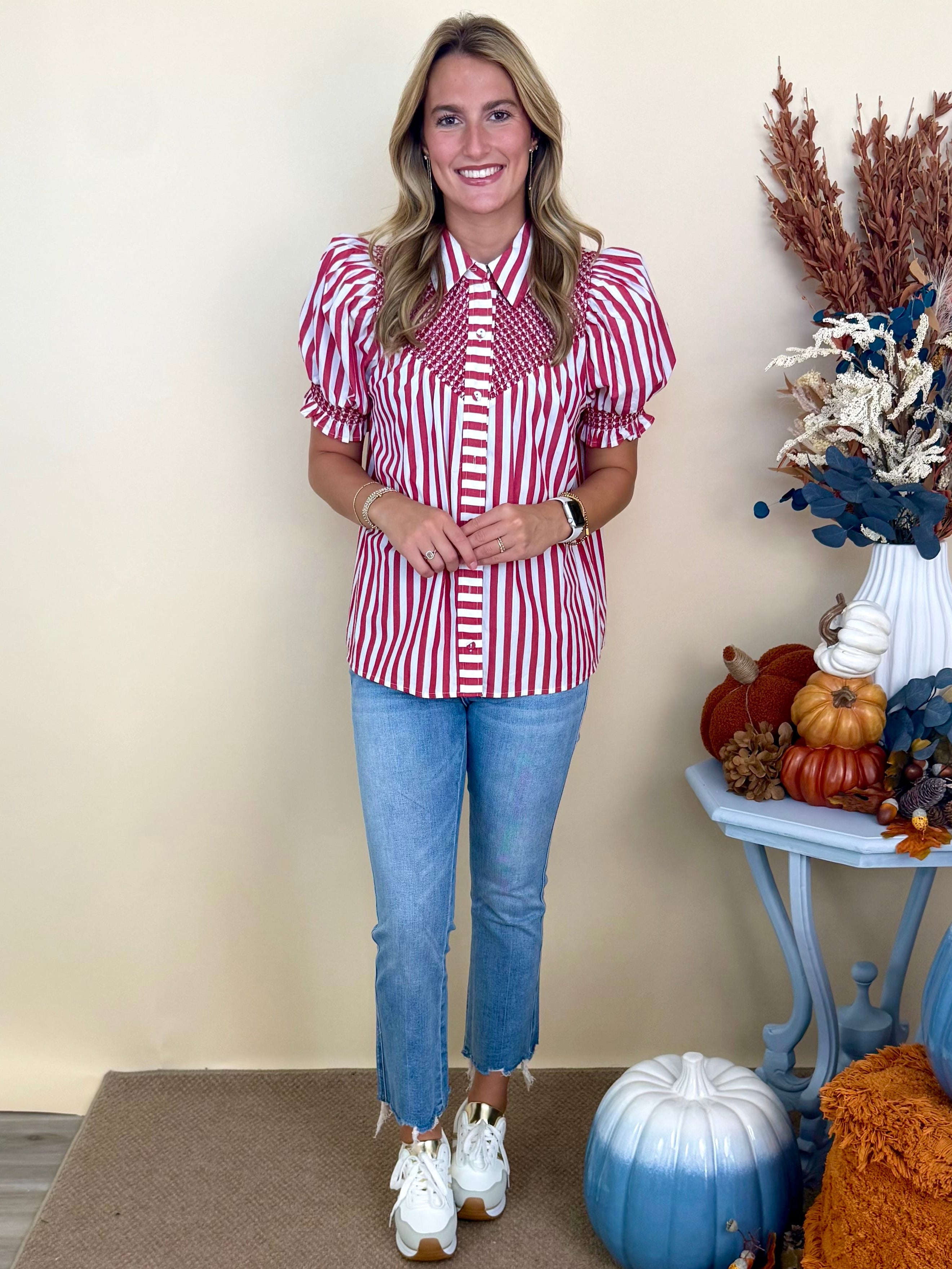 Effortless Energy Red Striped Smocked Top-Shop-Womens-Boutique-Clothing