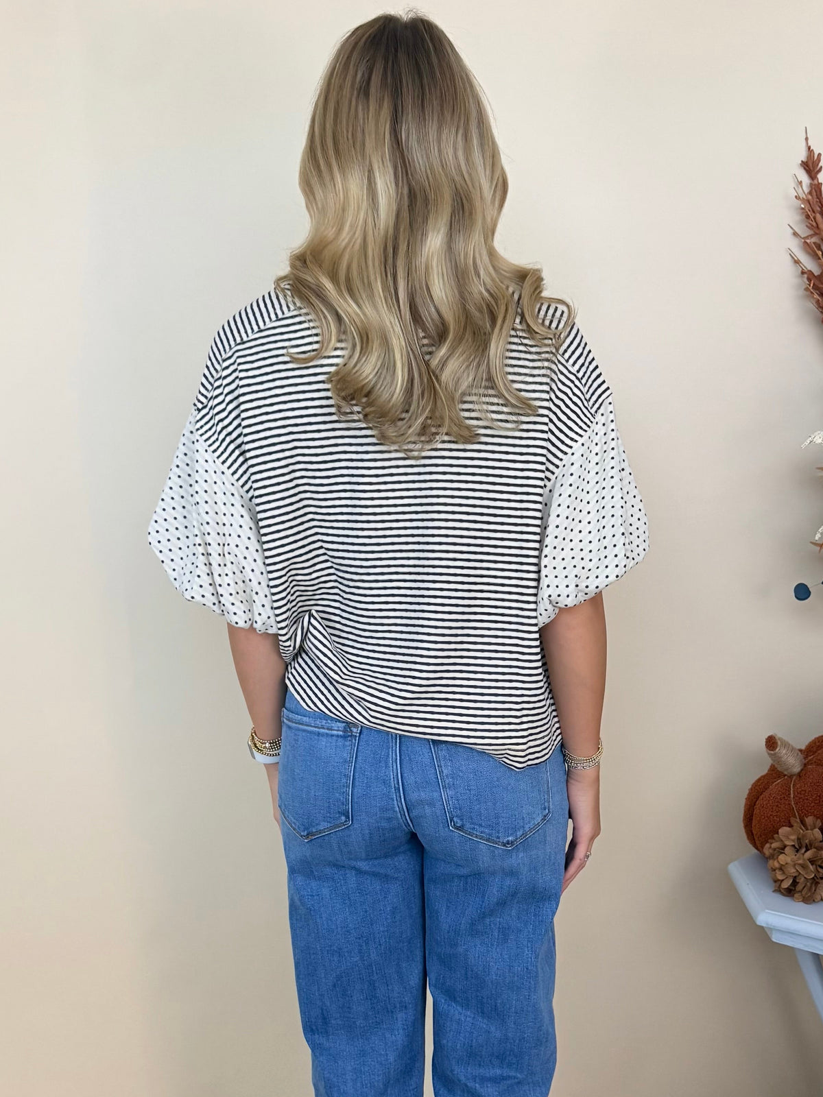 Reach Out Cream/Black Stripe/Polka Dot Bubble Sleeve Top-Shop-Womens-Boutique-Clothing