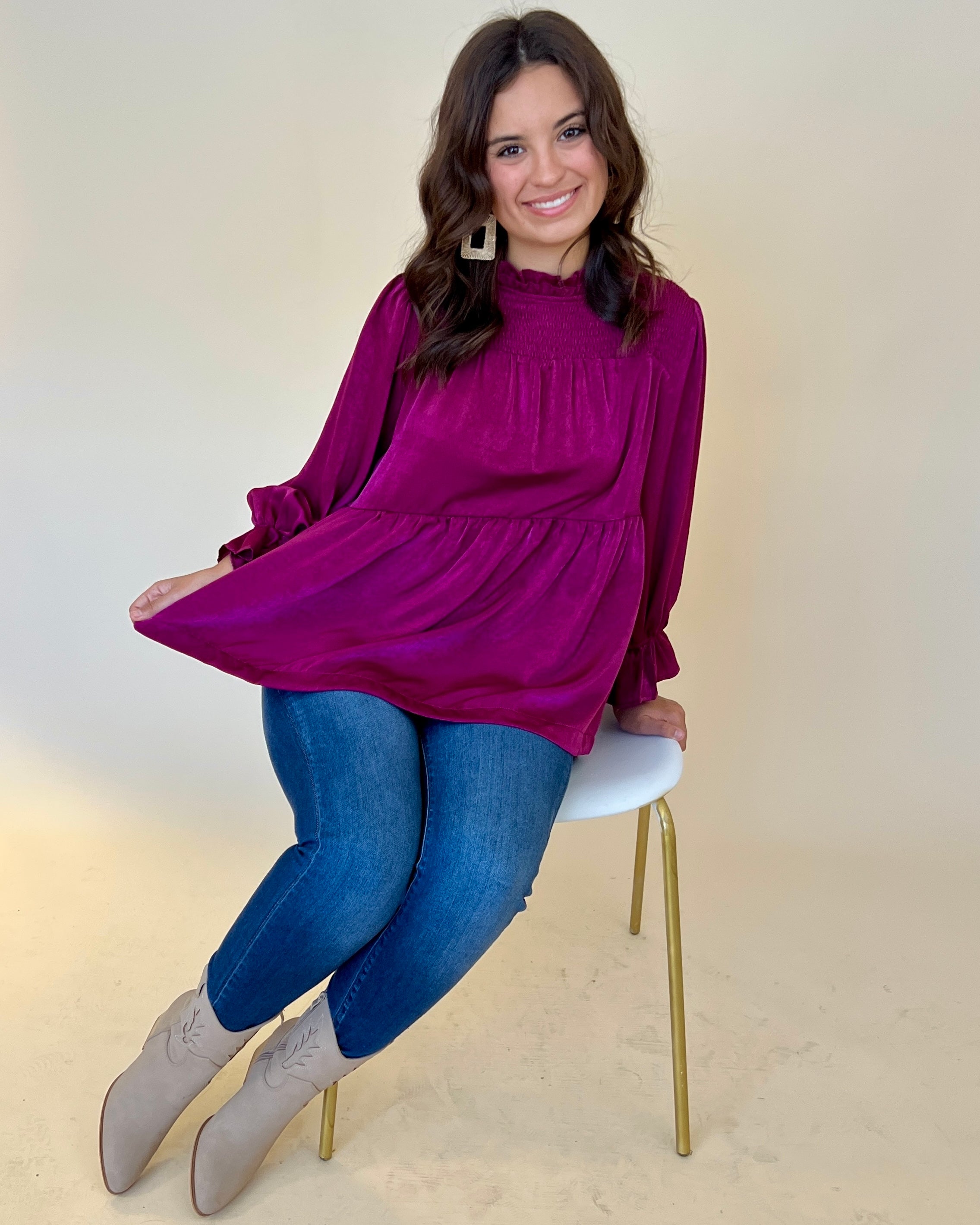 With Me Plum Satin Smocked Top-Shop-Womens-Boutique-Clothing