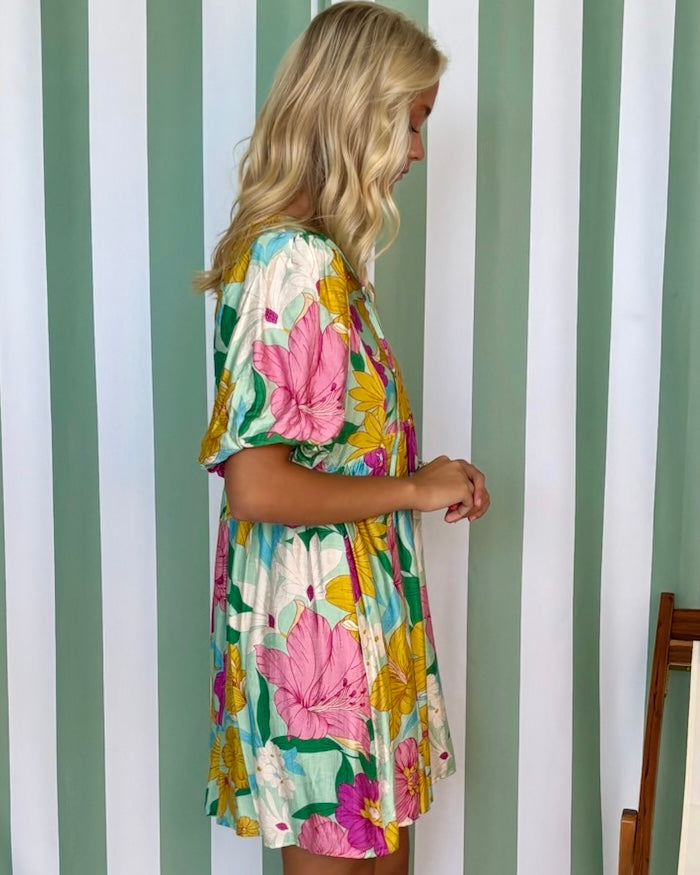 Radiant Garden Mint Floral Print Babydoll Dress-Shop-Womens-Boutique-Clothing