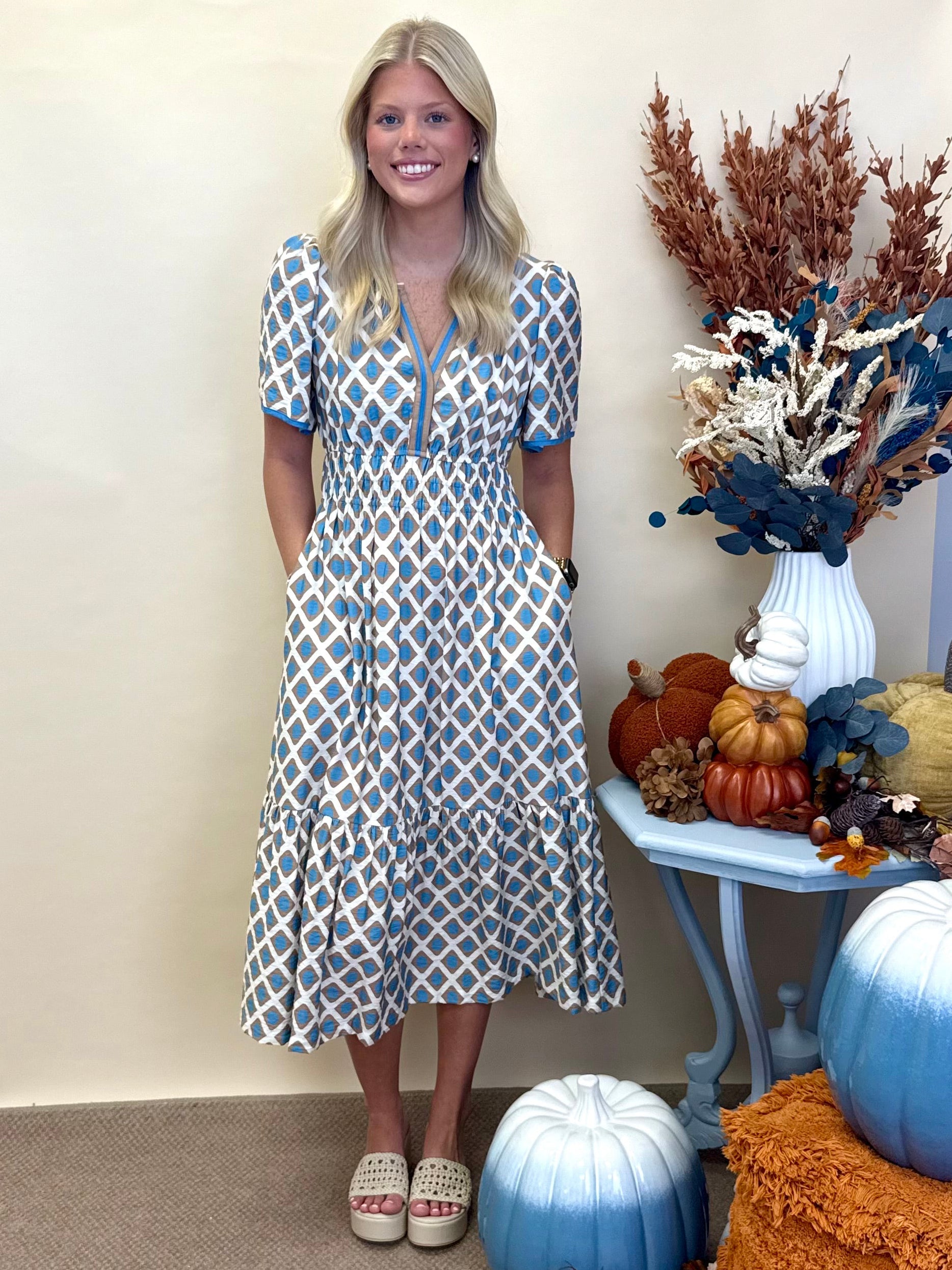 Softly Styled Taupe/Blue Geometric Midi Dress-Shop-Womens-Boutique-Clothing
