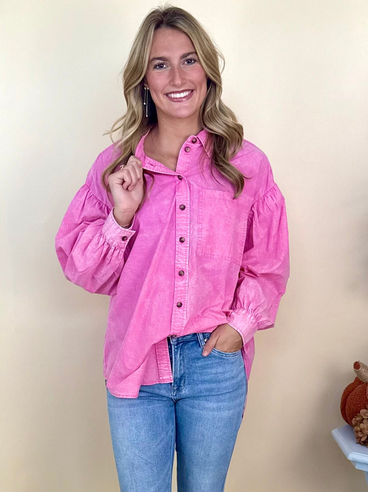 Electric Romance Pink Drop Shoulder Button Down Top-Shop-Womens-Boutique-Clothing