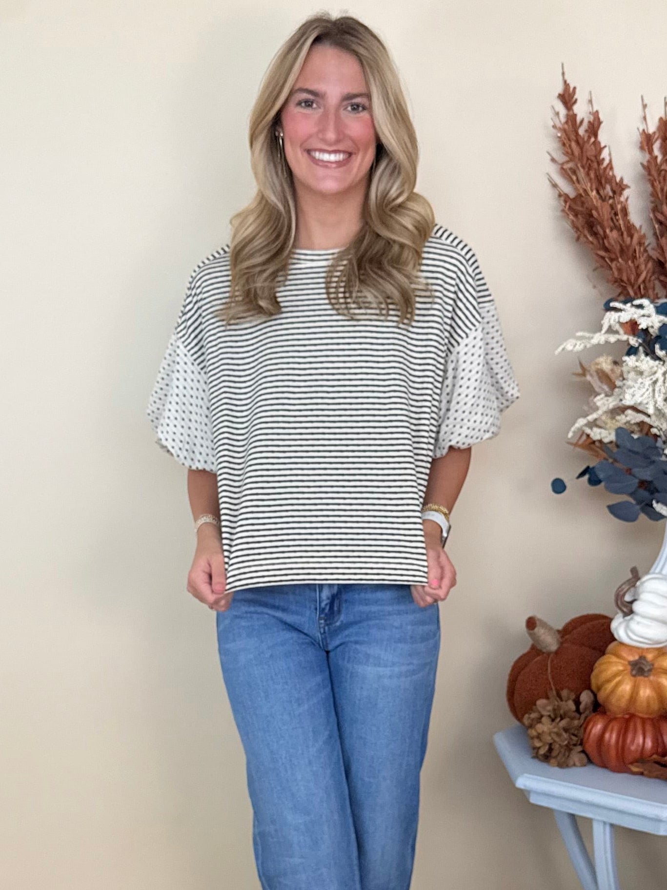 Reach Out Cream/Black Stripe/Polka Dot Bubble Sleeve Top-Shop-Womens-Boutique-Clothing
