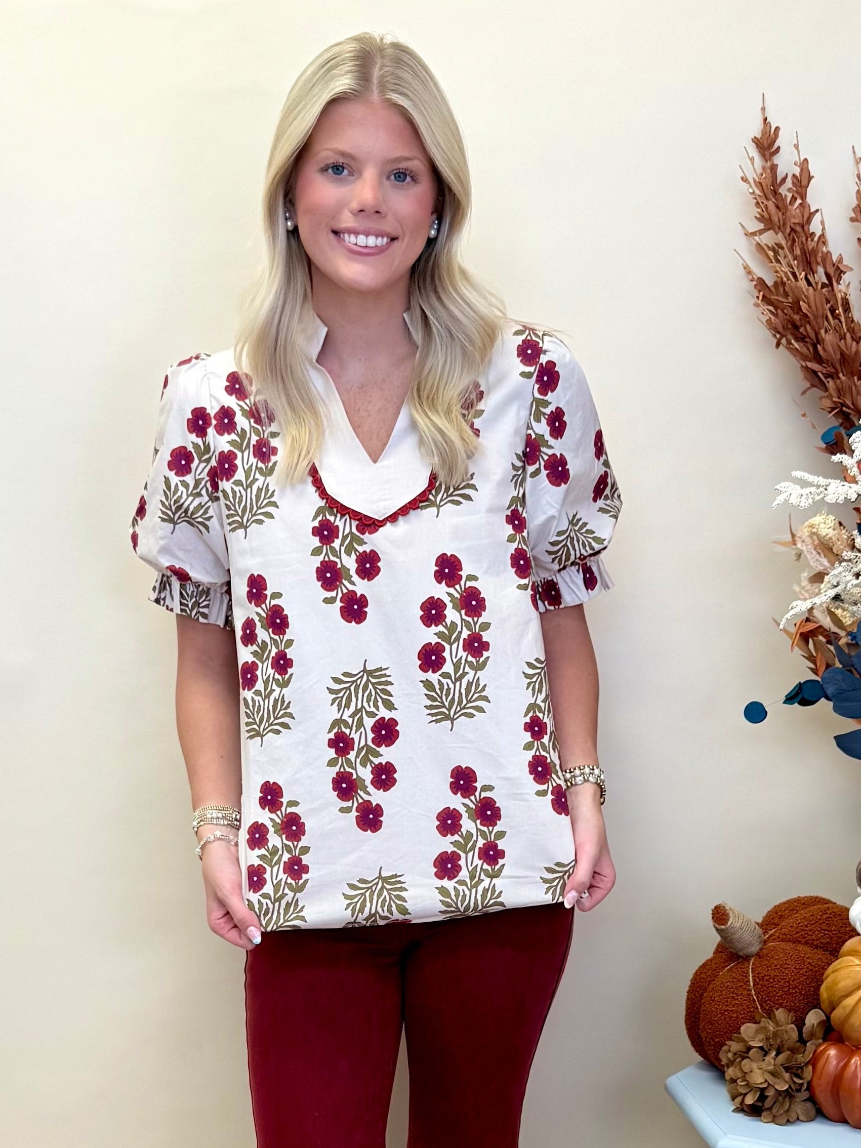 Sweetest Story Red Floral Deep V Neck Top-Shop-Womens-Boutique-Clothing