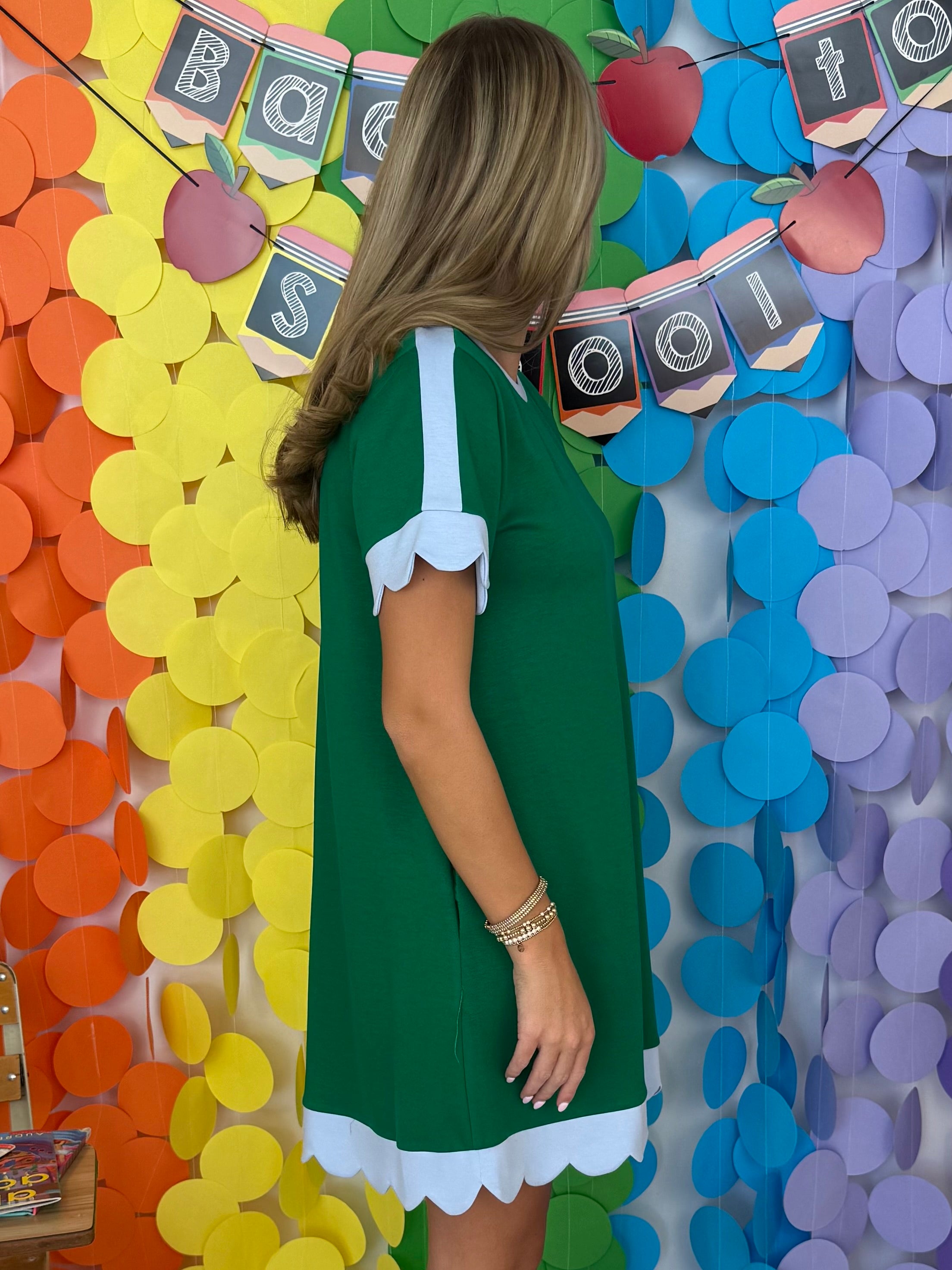 Rise and Shine Green/Blue Scalloped Contrast Dress-Shop-Womens-Boutique-Clothing