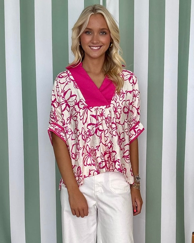 Flirty Moments Magenta Floral Banded Top-Shop-Womens-Boutique-Clothing