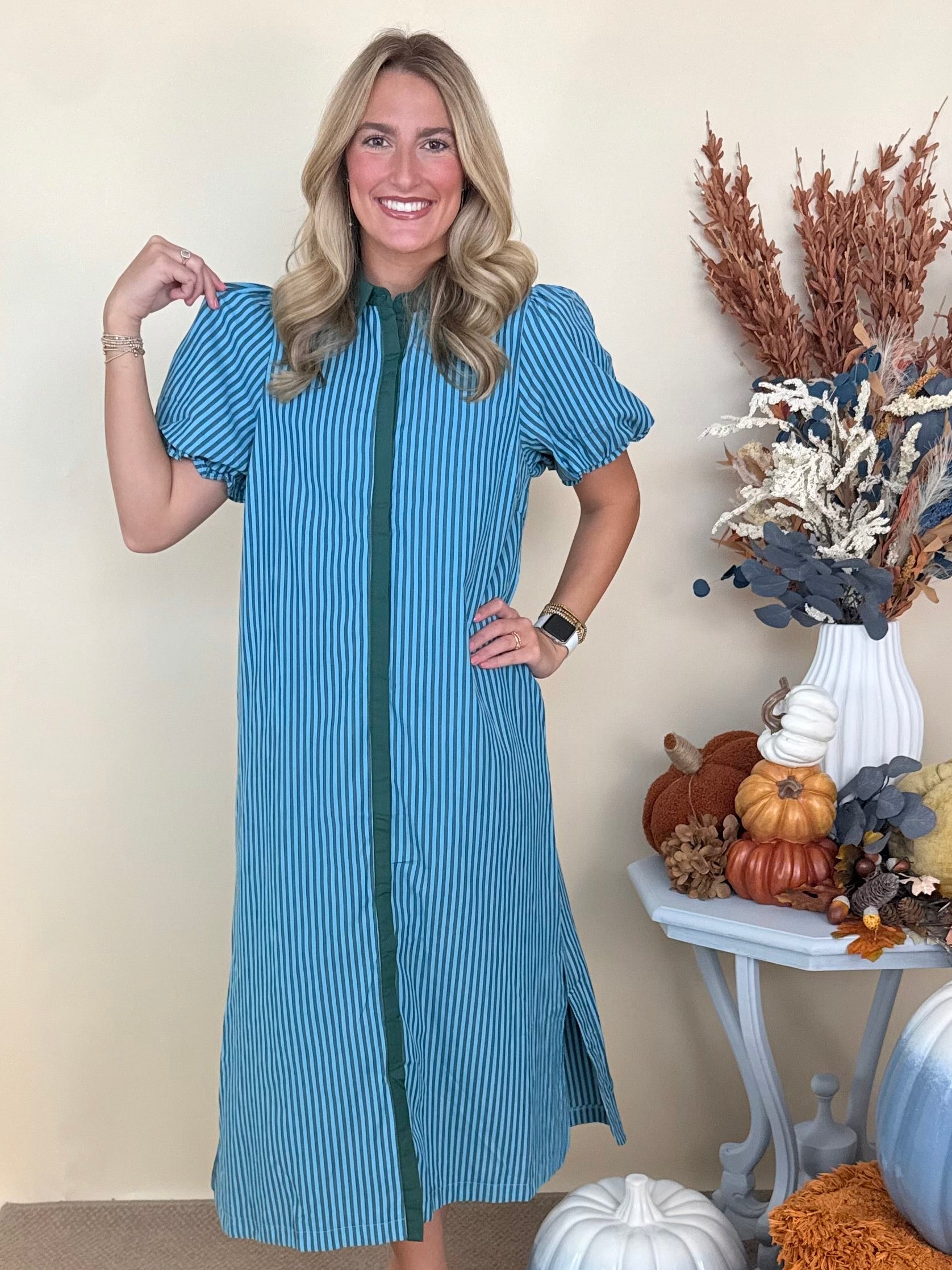 Autumn Strolls H Green Striped Midi Dress-Shop-Womens-Boutique-Clothing