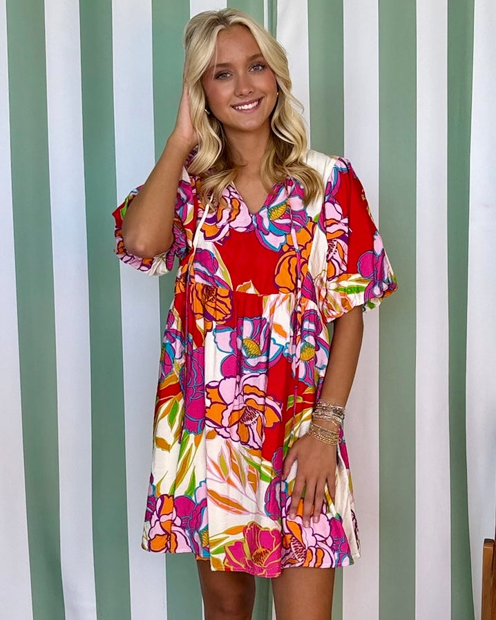 Radiant Garden Red/Off White Print Babydoll Dress-Shop-Womens-Boutique-Clothing