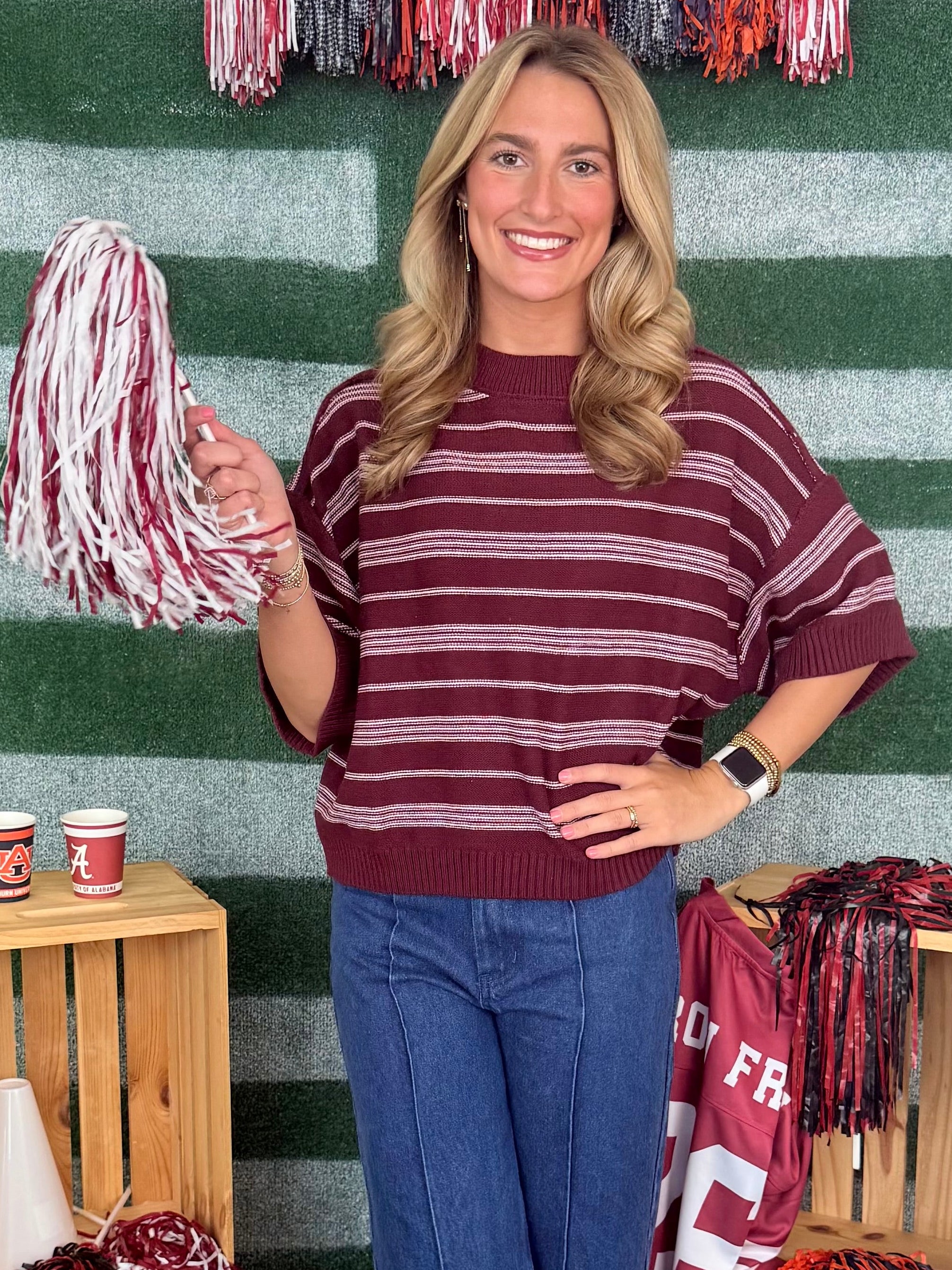 Next One Wine Striped Drop Sleeve Sweater-Shop-Womens-Boutique-Clothing