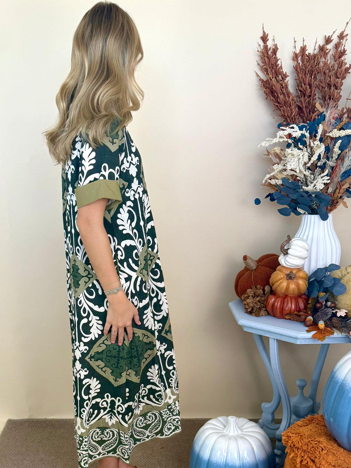 Harvest Days Olive Scroll Print Dress-Shop-Womens-Boutique-Clothing