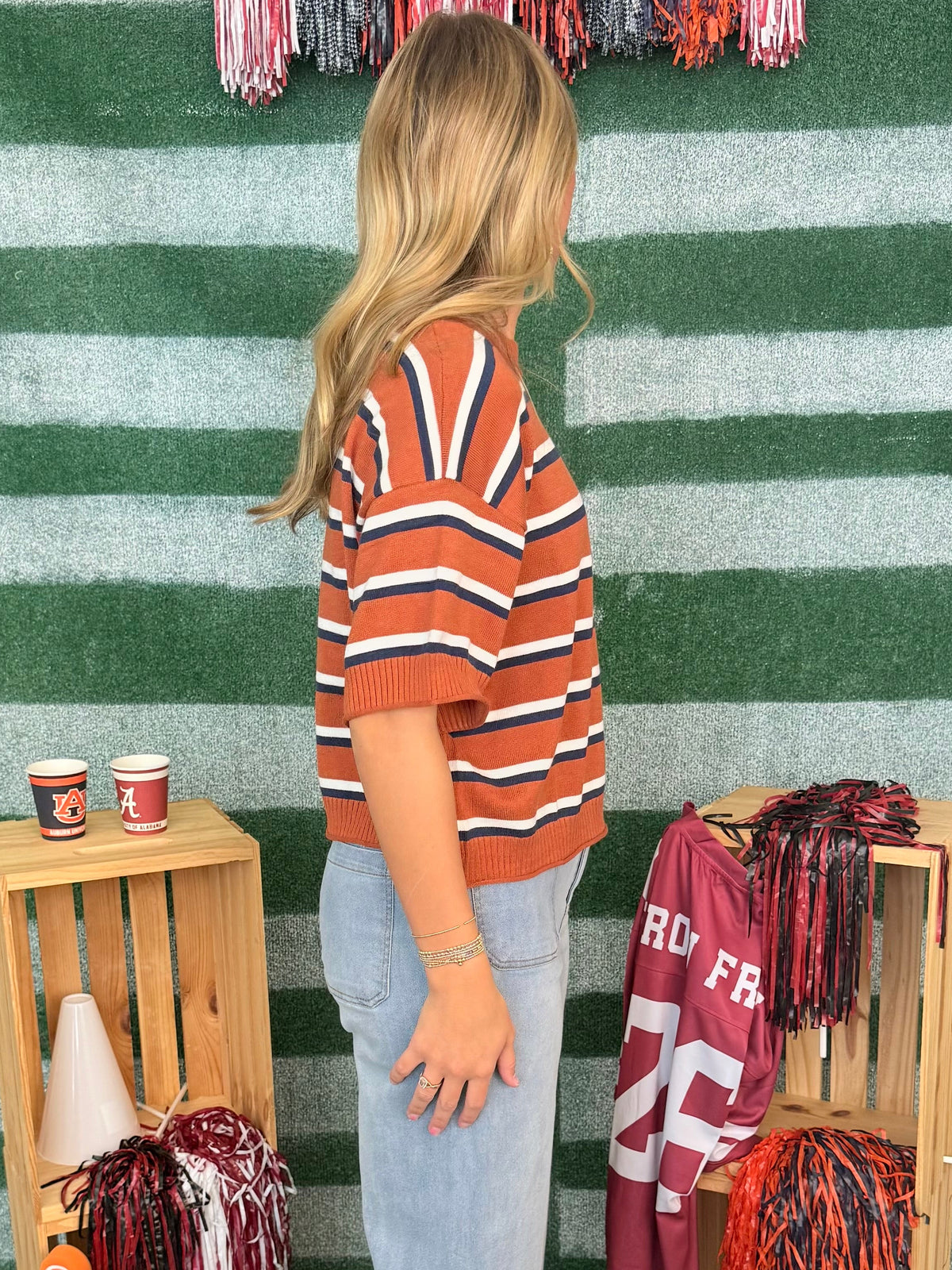 Field Notes Burnt Orange Striped Crew Neck Elbow Sleeve Sweater-Shop-Womens-Boutique-Clothing