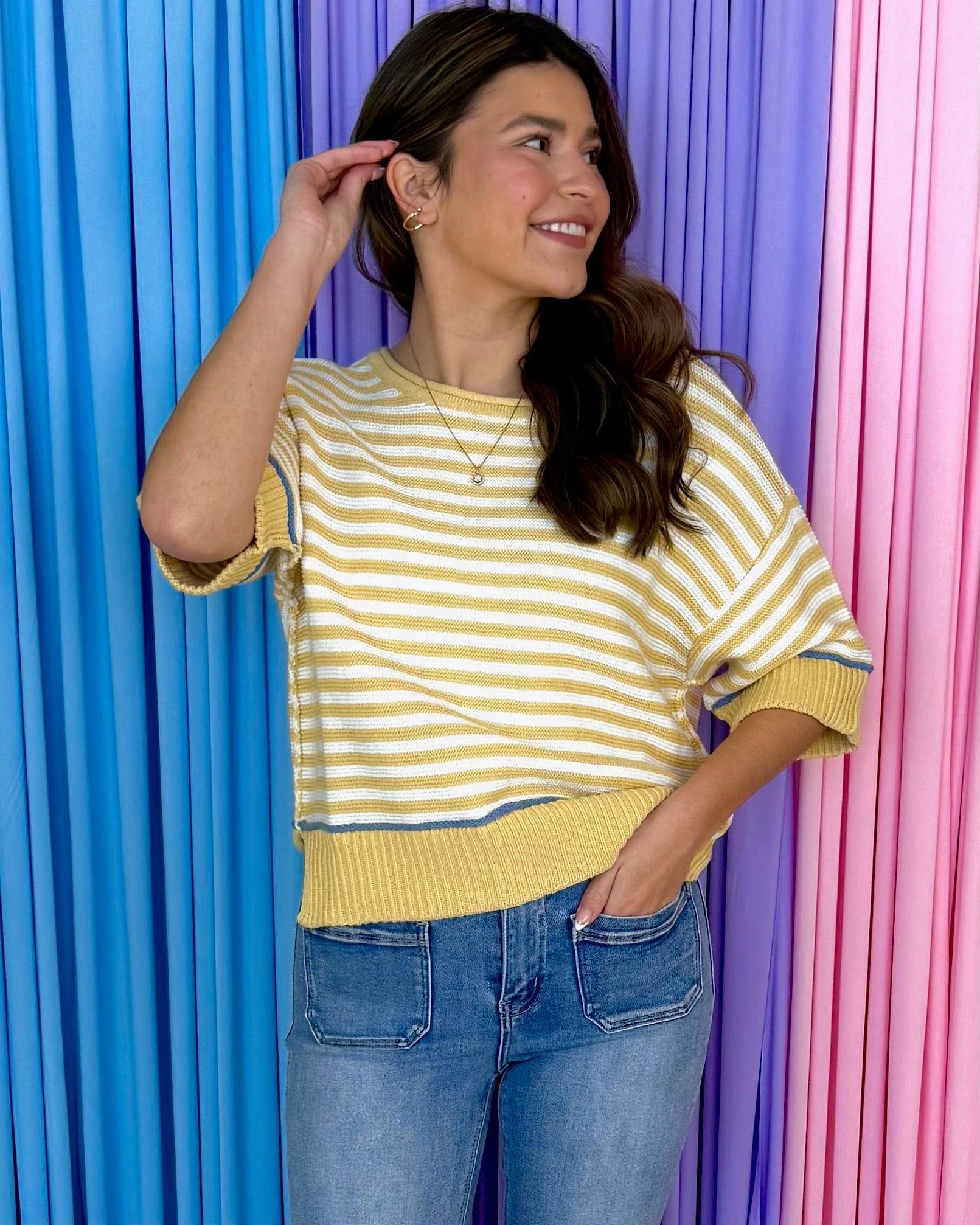 Check Me Out Butter Yellow Stripe Contrast Trim Sweater-Shop-Womens-Boutique-Clothing