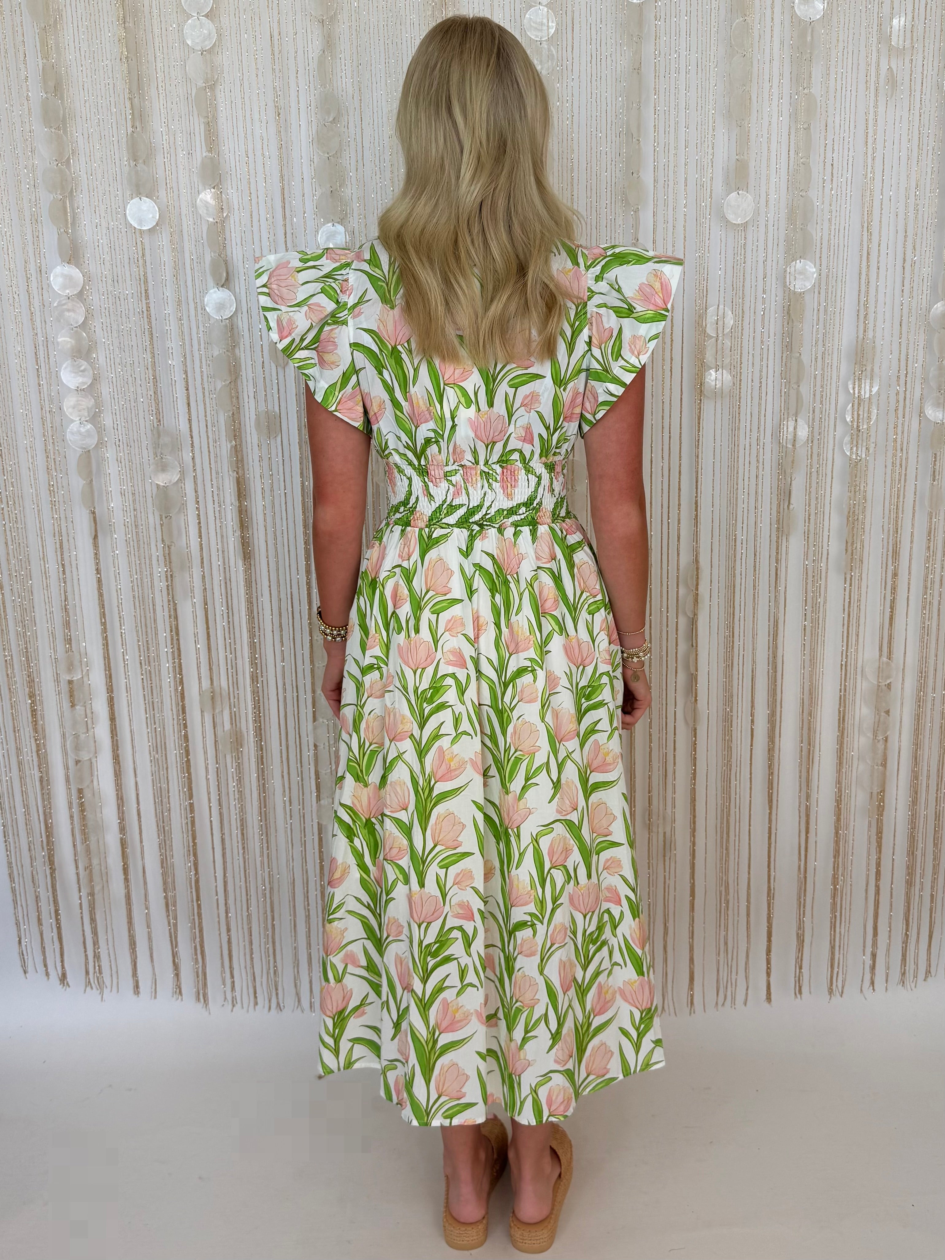 Sweet Devotion Cream Botanical Smocked Midi Dress-Shop-Womens-Boutique-Clothing