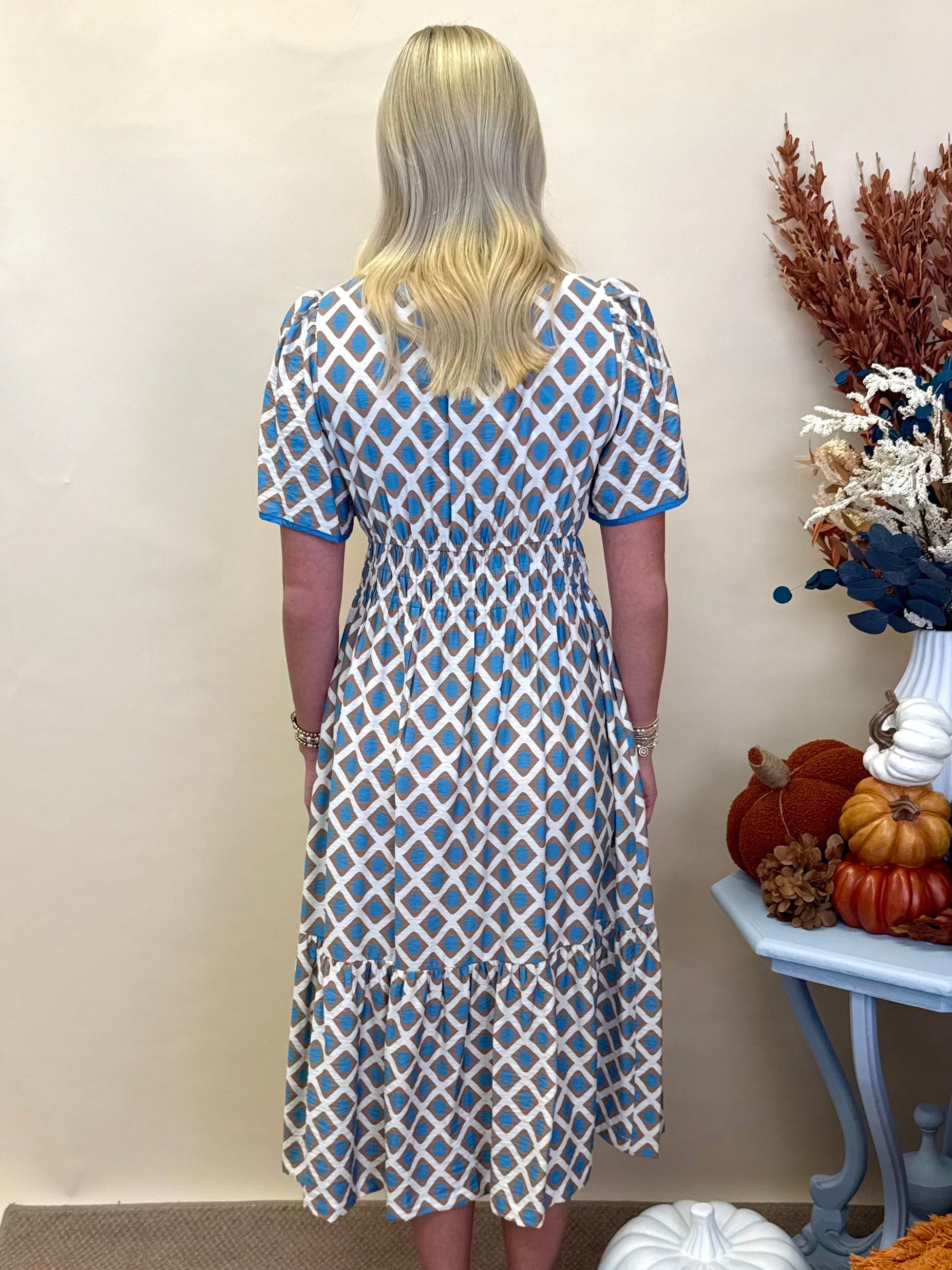 Softly Styled Taupe/Blue Geometric Midi Dress-Shop-Womens-Boutique-Clothing