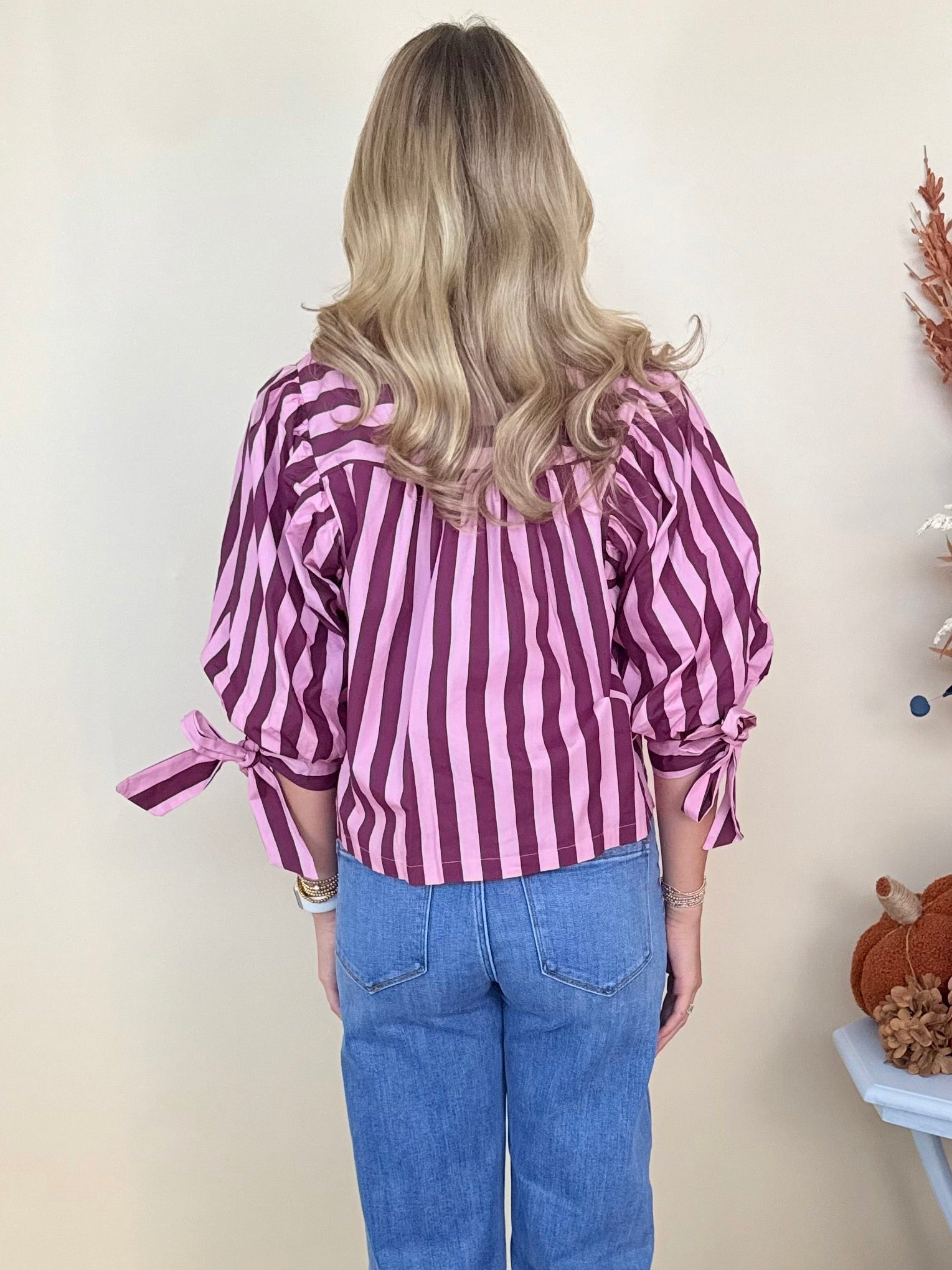 Hello Pumpkin Pink Wine Striped Puff Sleeve Top-Shop-Womens-Boutique-Clothing