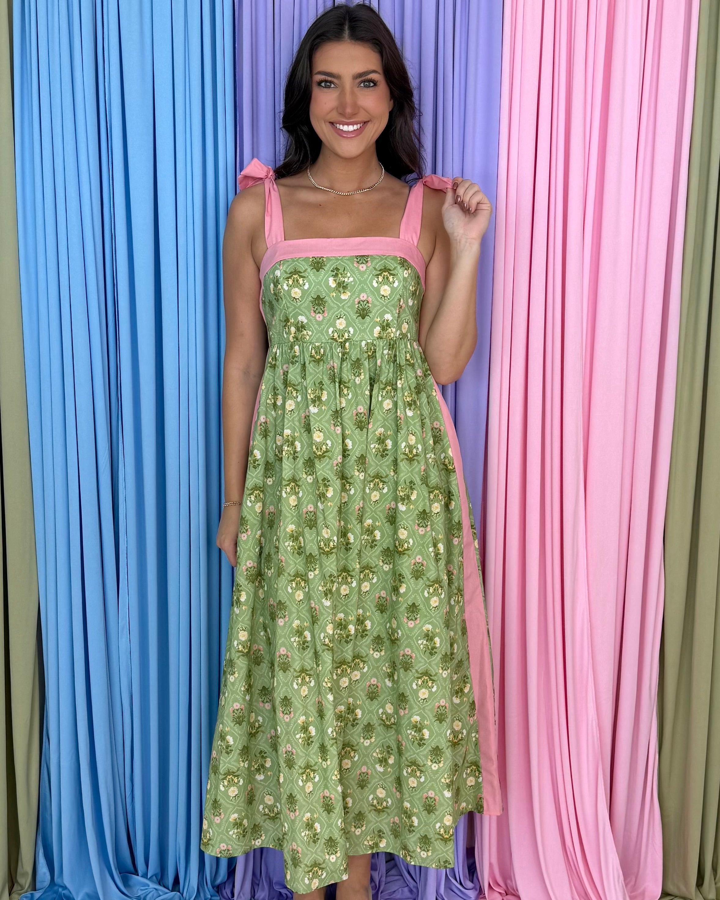 Sunset Avenue Matcha Botanical Bow Strap Midi Dress-Shop-Womens-Boutique-Clothing