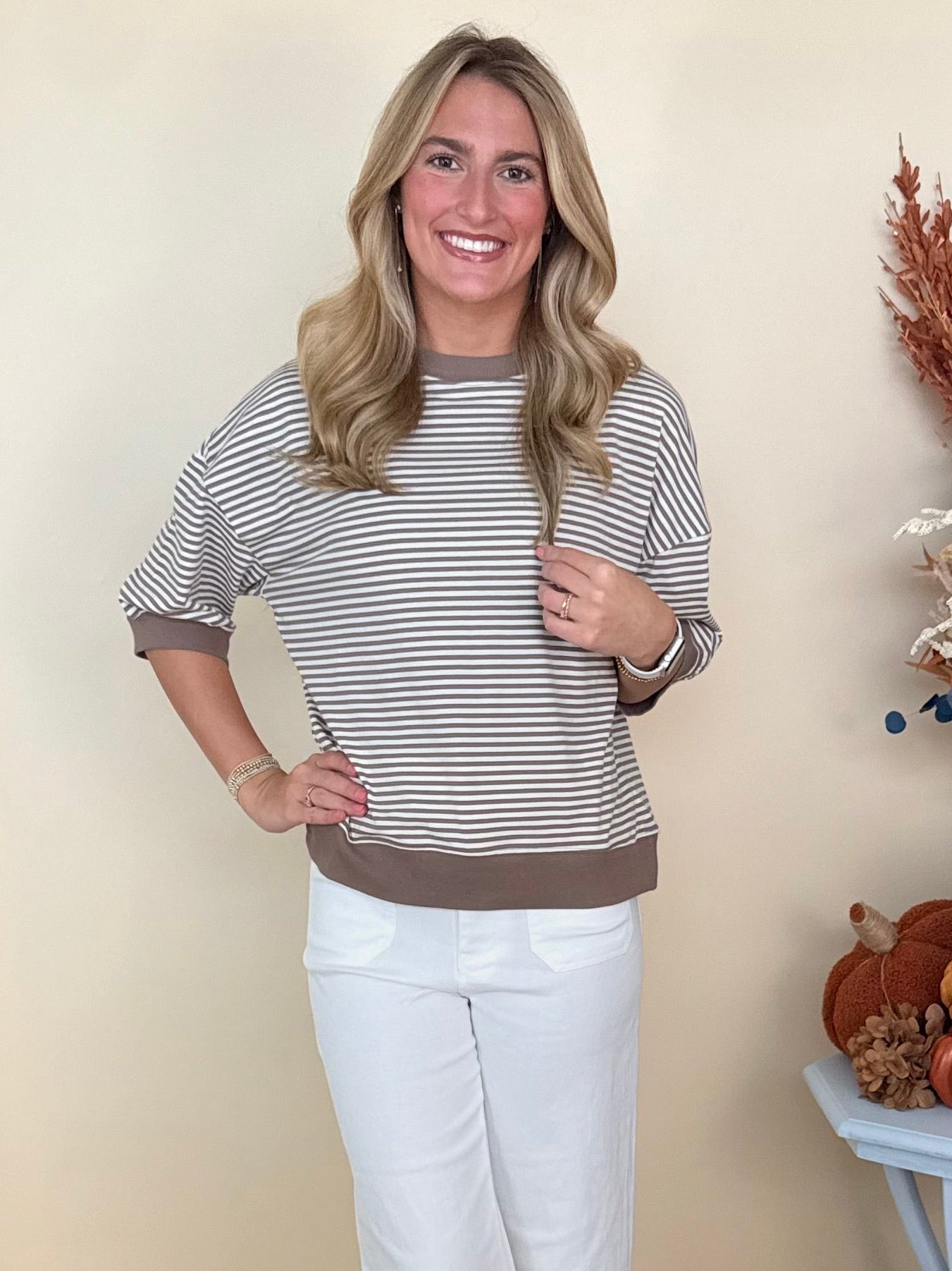 Weekend Wonder Cream/Mocha Striped Contrast Trim Top-Shop-Womens-Boutique-Clothing