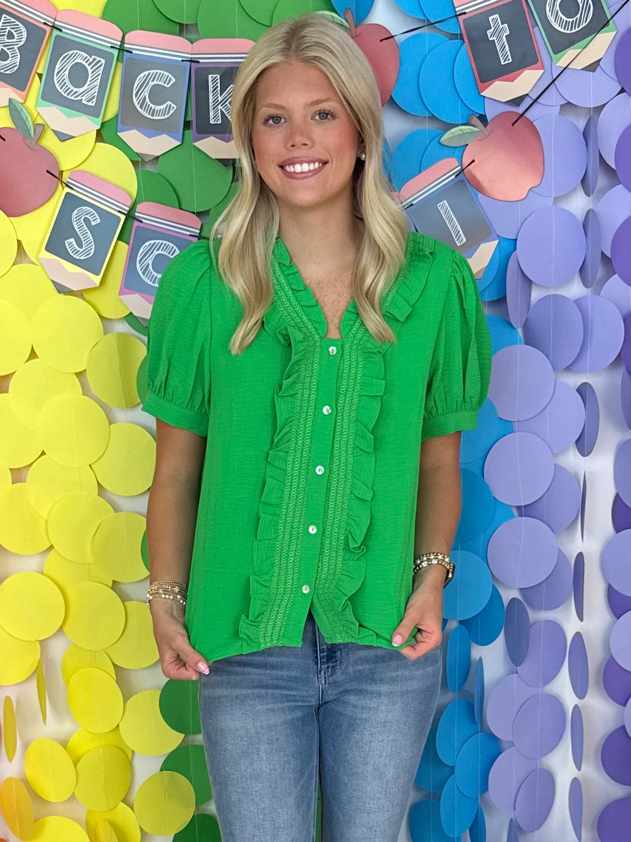 Gentle Touch Kelly Green Button Front Top-Shop-Womens-Boutique-Clothing