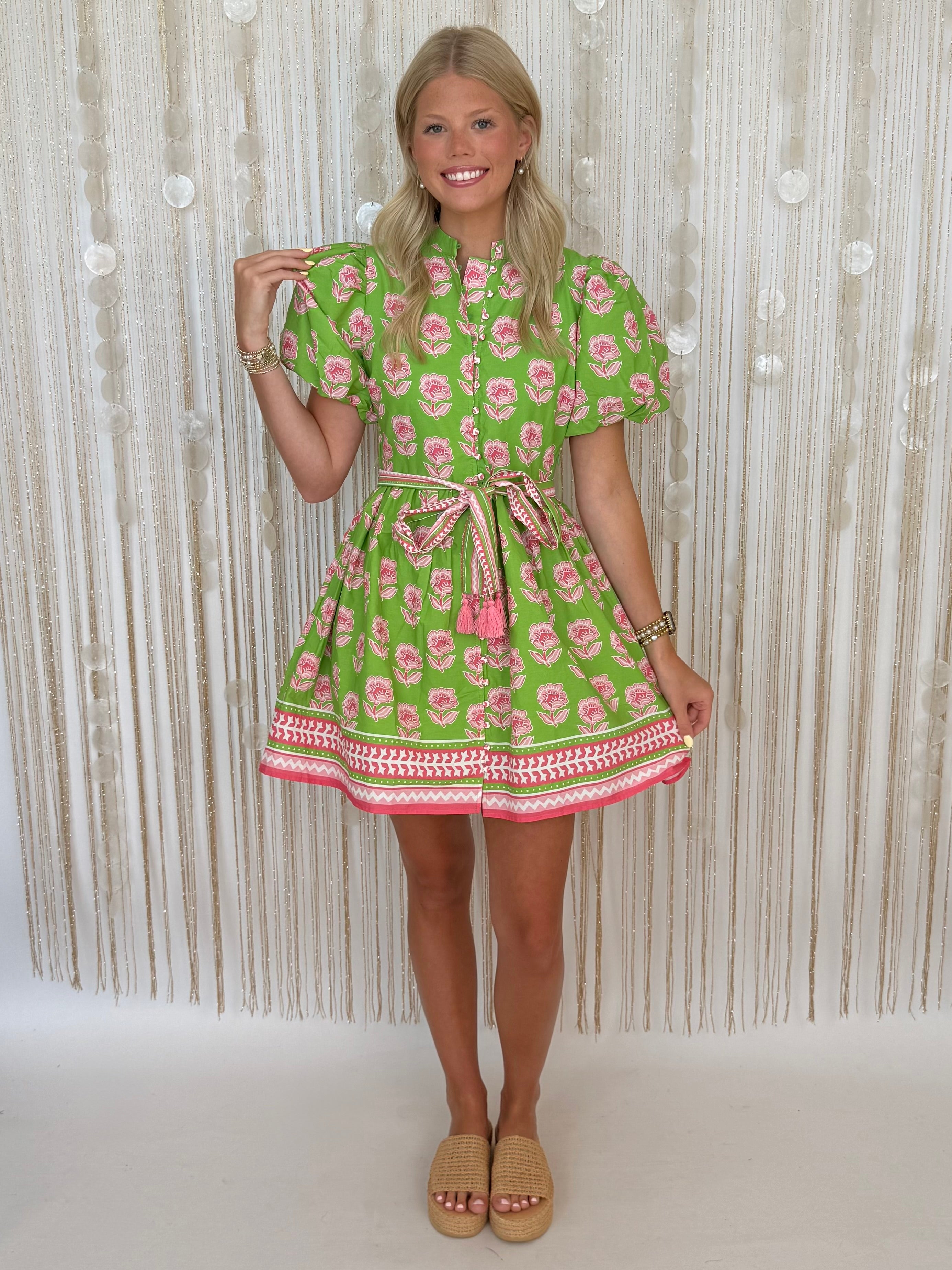 Great Escape Green Floral Print Tie Waist Dress-Shop-Womens-Boutique-Clothing