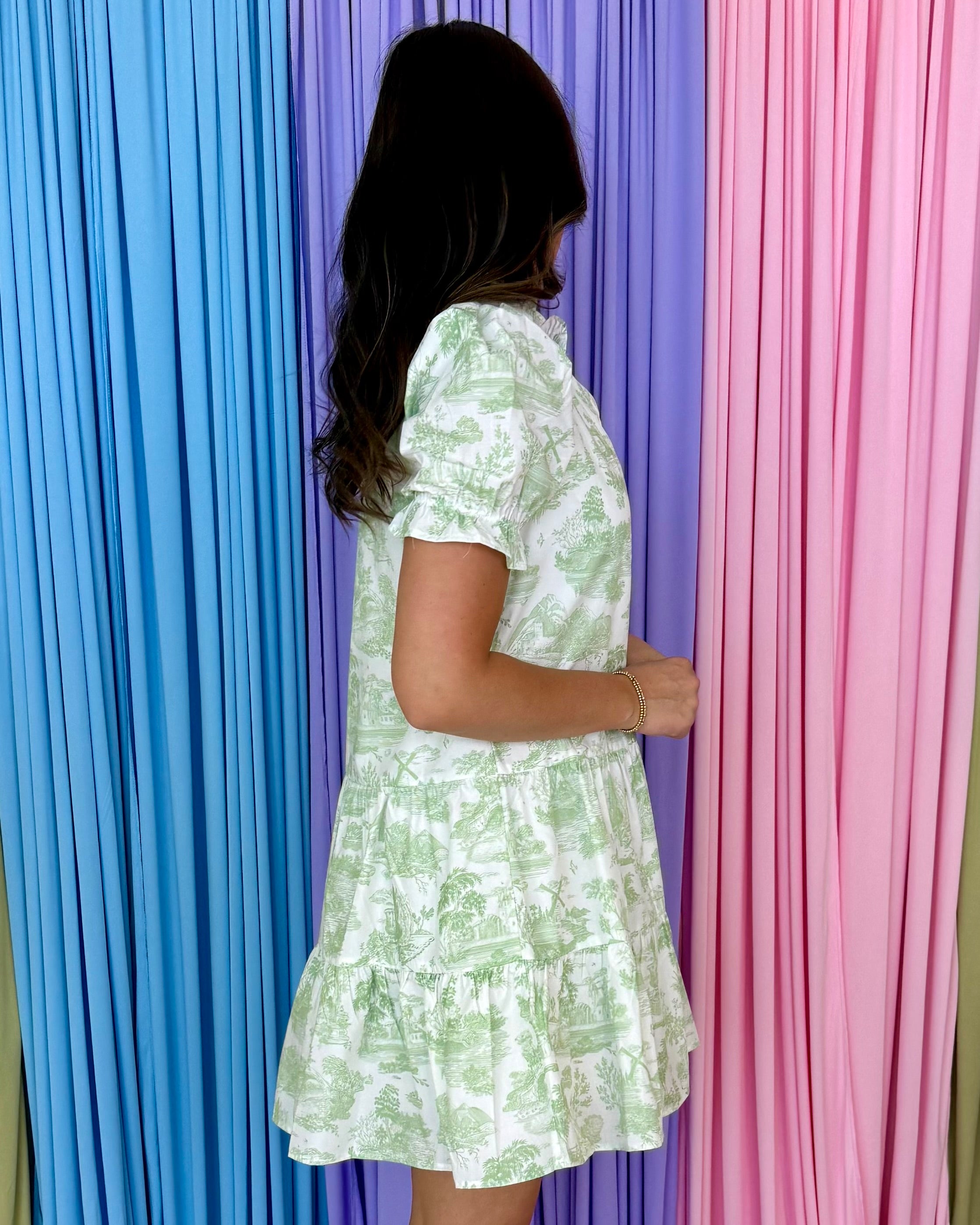 Either Way Green Toile Ruffle Button Dress-Shop-Womens-Boutique-Clothing