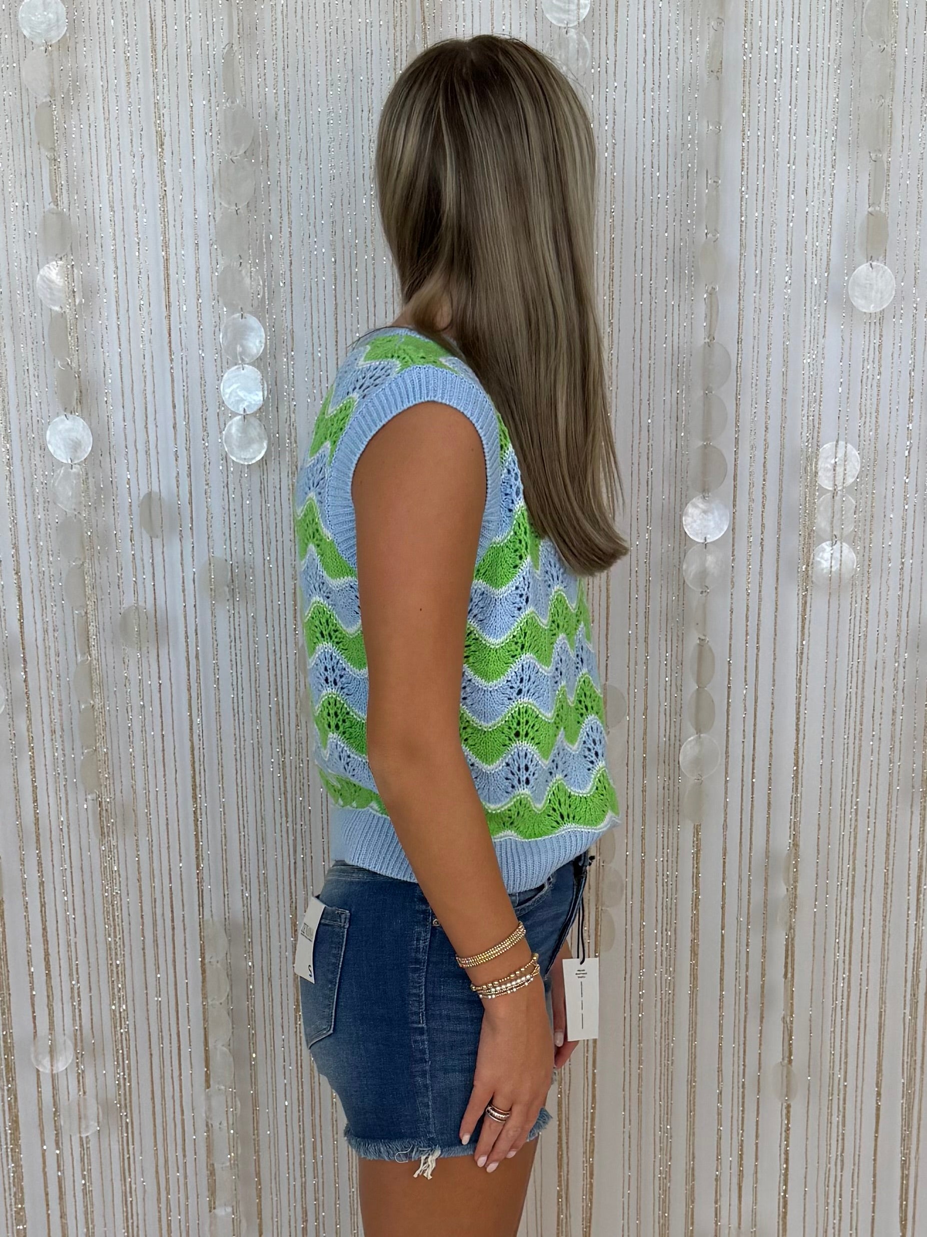 Blissfully Perfect Blue/Green Wavy Sleeveless Sweater-Shop-Womens-Boutique-Clothing