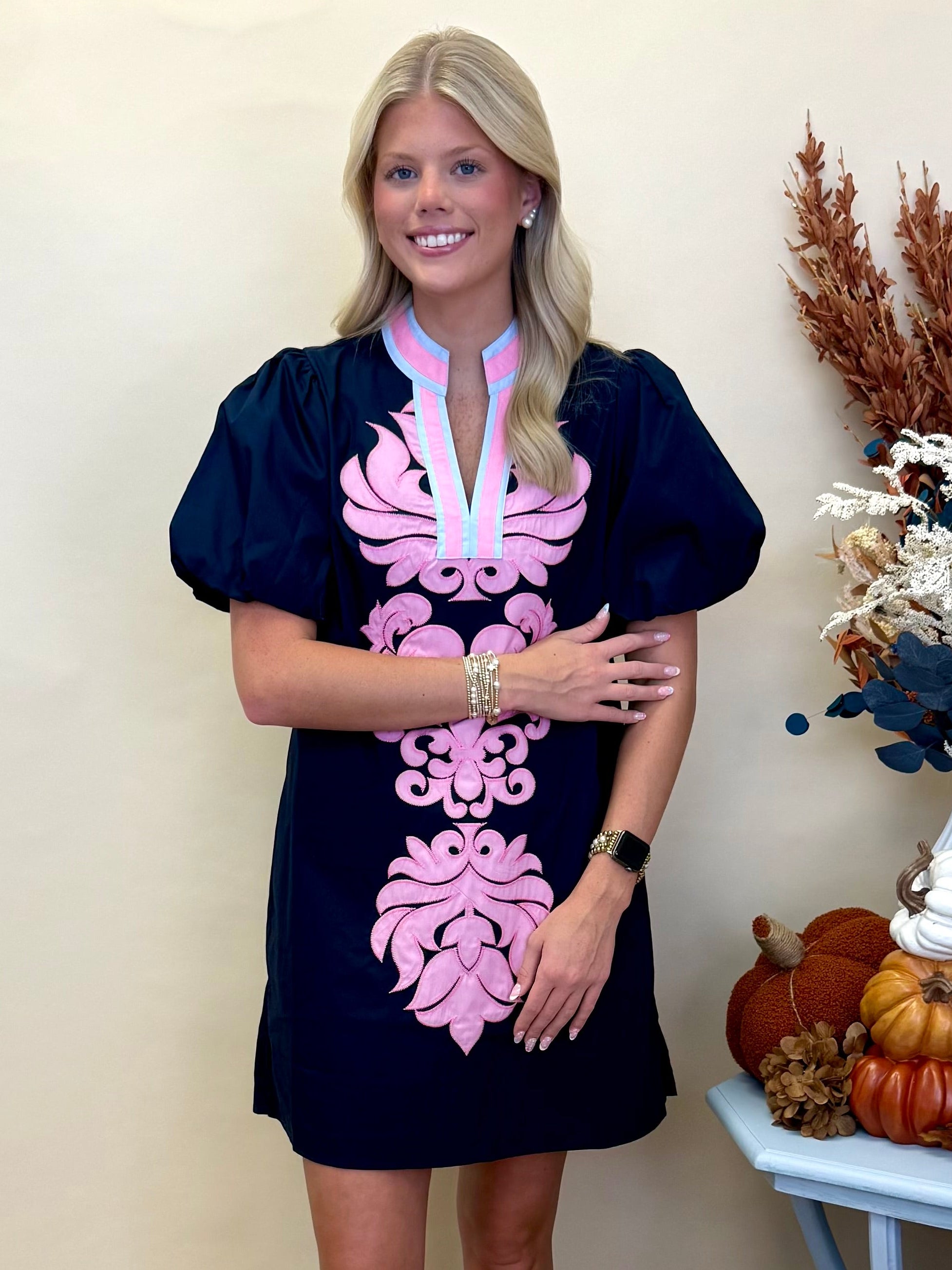 Botanical Breeze Navy Baroque Applique V Neck Dress-Shop-Womens-Boutique-Clothing