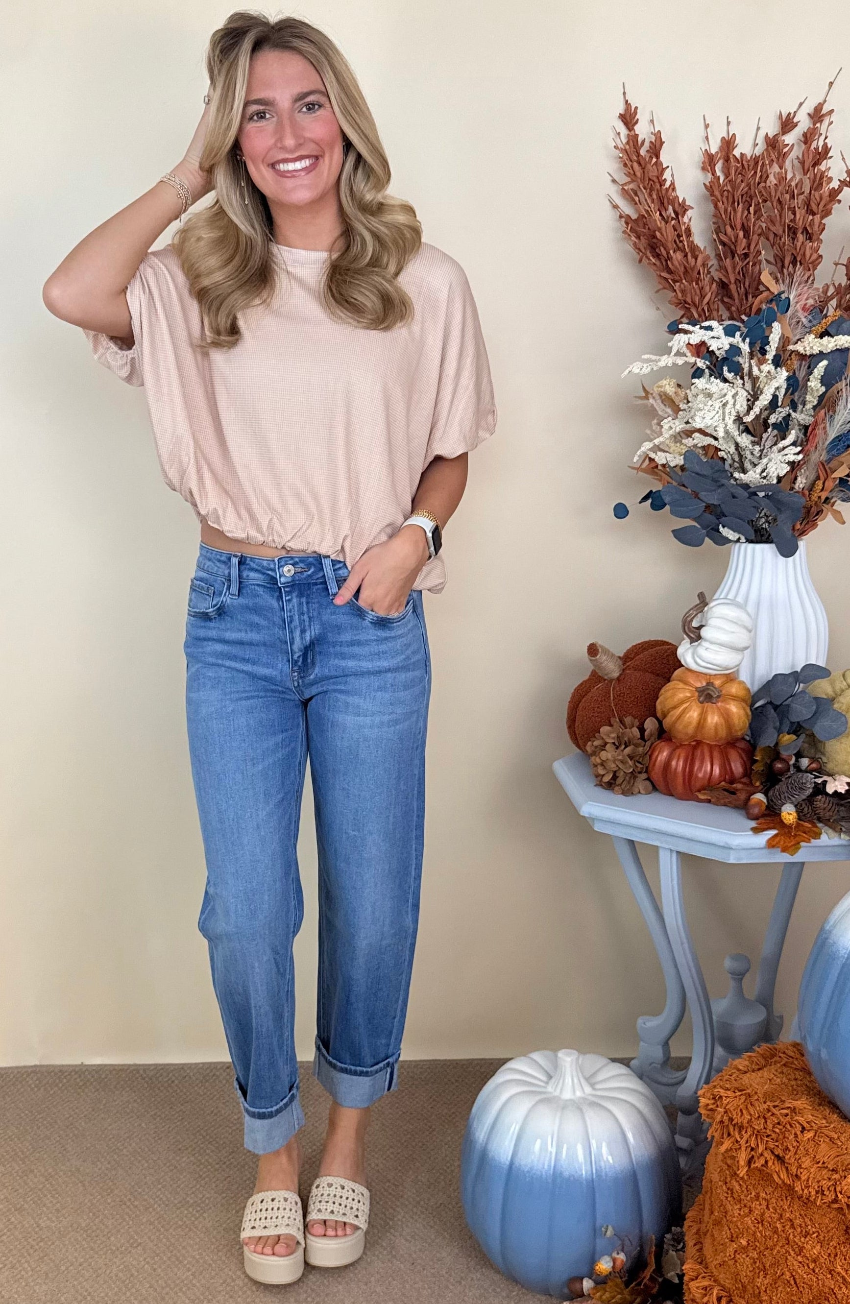 Treat Yourself Taupe Checkered Bubble Hem Top-Shop-Womens-Boutique-Clothing