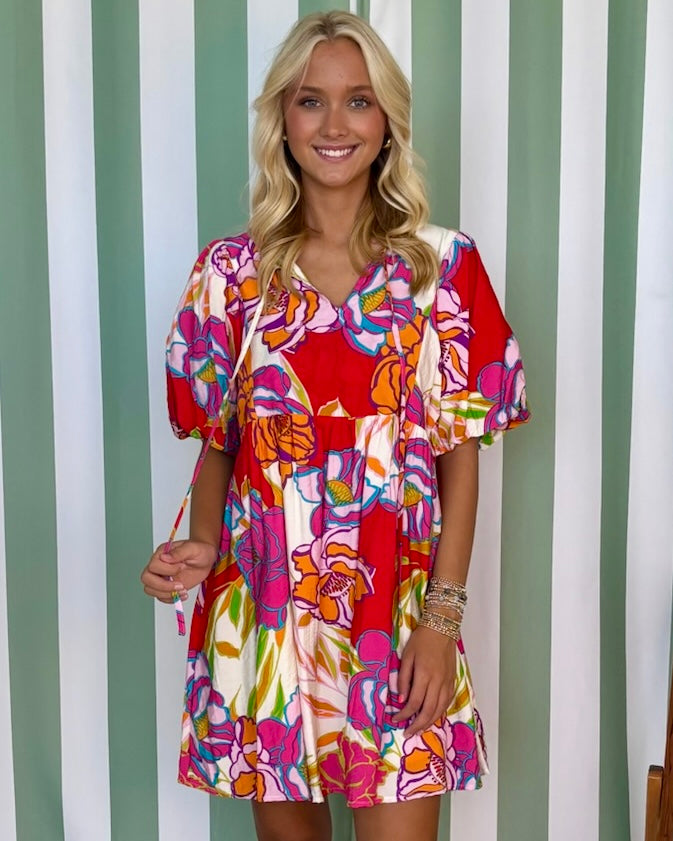 Radiant Garden Red/Off White Print Babydoll Dress-Shop-Womens-Boutique-Clothing